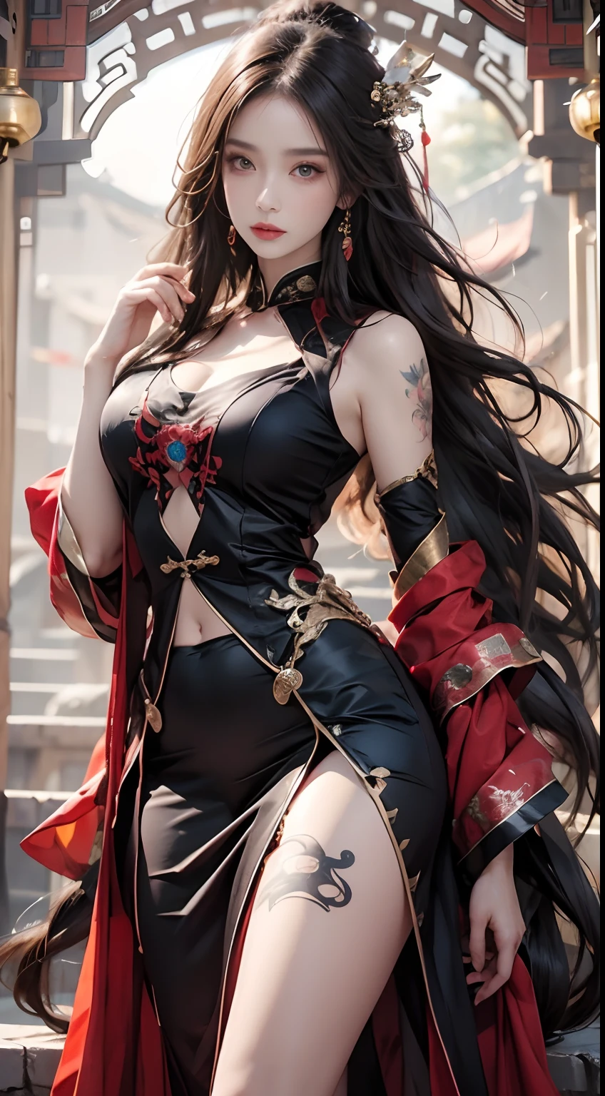 Photorealistic, High resolution, 1 woman, hips up high, Beautiful eyes, Long hair, Ringed Eyes, Jewelry, The tattoo, Hanfu, chinese fairy, Taoist uniform
