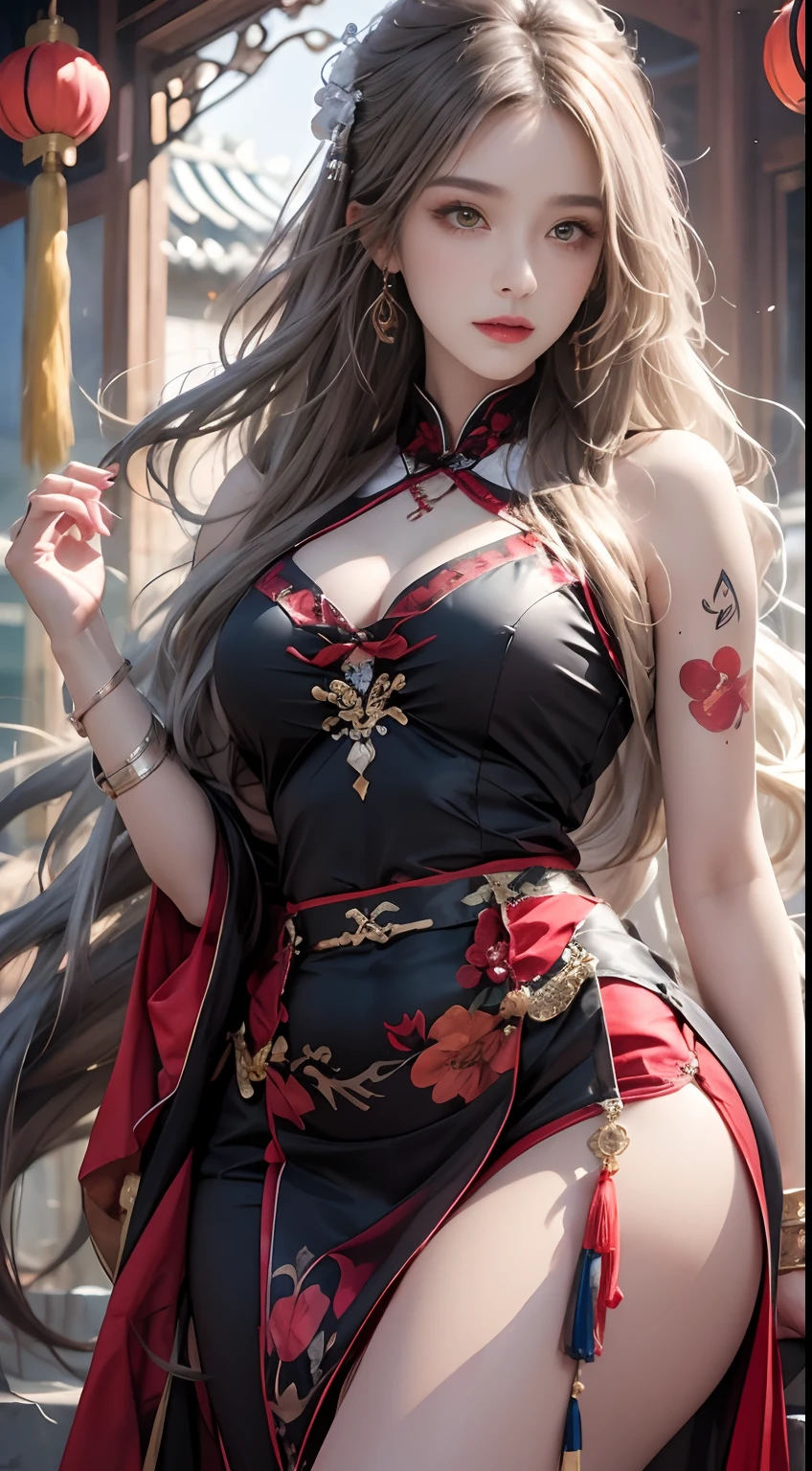 Photorealistic, High resolution, 1 woman, hips up high, Beautiful eyes, Long hair, Ringed Eyes, Jewelry, The tattoo, Hanfu, chinese fairy, Taoist uniform