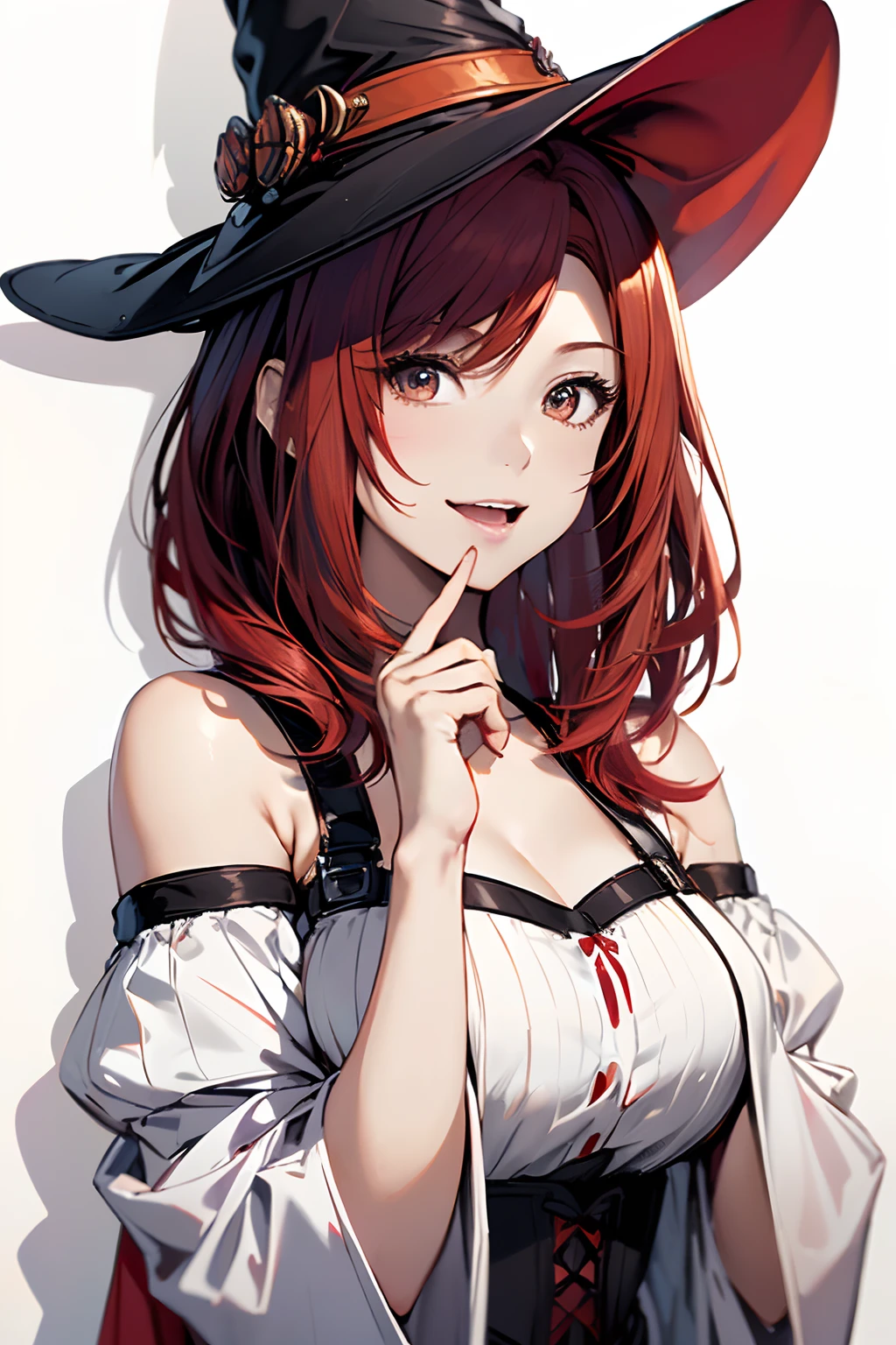 (Best Quality, 8K, Oil Painting, masutepiece:1.2), Ultra-detailed, (Realistic, Photorealistic:1.37), (((FULL BODYSHOT)))、Vibrant colors, (((Halloween Party)))、(((Witch Cosplay)))、(((In earnest)))、(((I have my mouth wide open)))、Studio Lighting, (((red hairs)))、(((Shoulder-length bob hair)))、((( White background))), (((I'm having a good laugh)))、(((Red hair)))、(((bobhair)))、(((In front of a white wall)))、(((raise right hand)))、(((There is a margin at the top)))