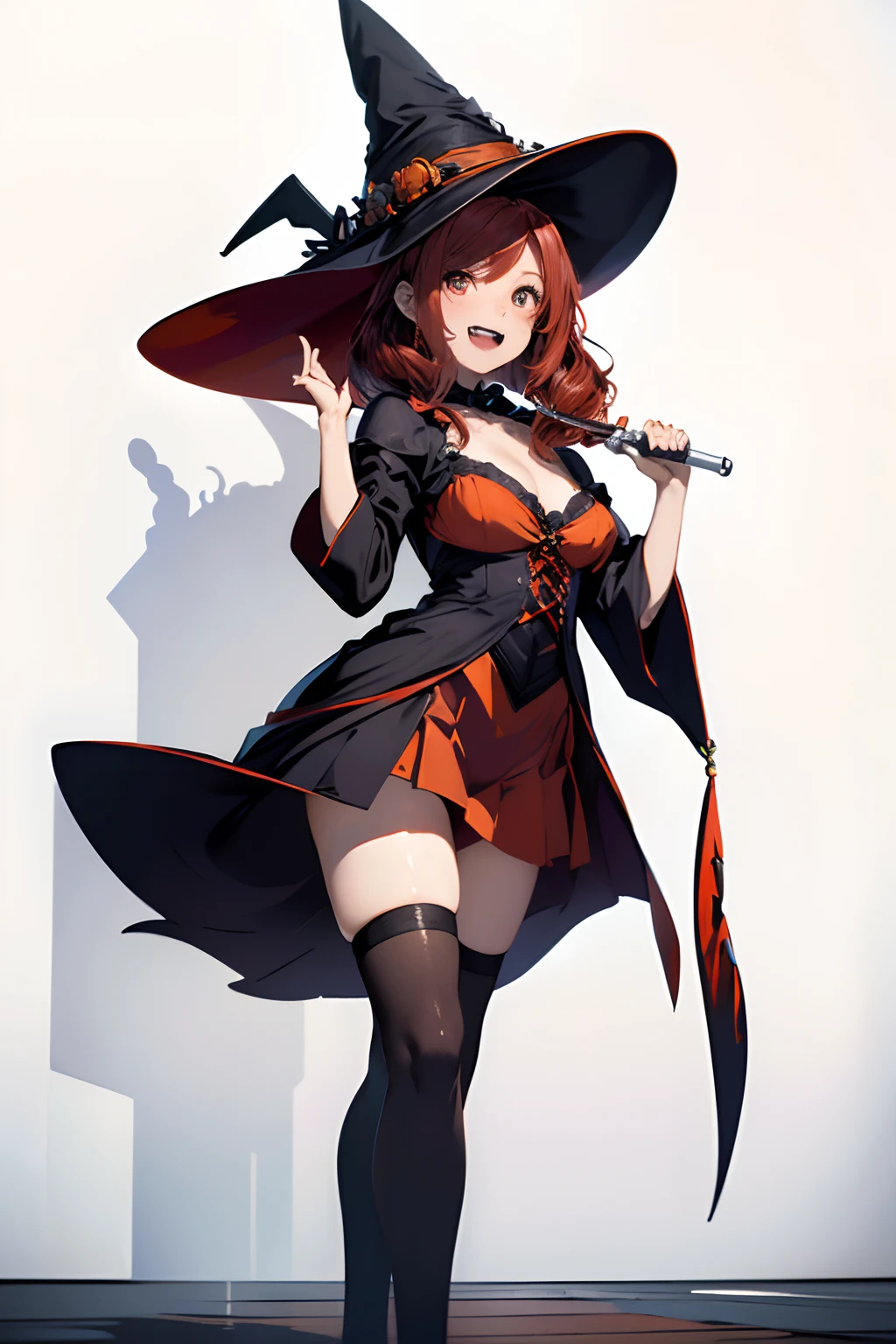 (Best Quality, 8K, Oil Painting, masutepiece:1.2), Ultra-detailed, (Realistic, Photorealistic:1.37), (((FULL BODYSHOT)))、Vibrant colors, (((Halloween Party)))、(((Witch Cosplay)))、(((In earnest)))、(((I have my mouth wide open)))、Studio Lighting, (((red hairs)))、(((Shoulder-length bob hair)))、((( White background))), (((I'm having a good laugh)))、(((Red hair)))、(((bobhair)))、(((In front of a white wall)))、(((raise right hand)))、(((There is a margin at the top)))