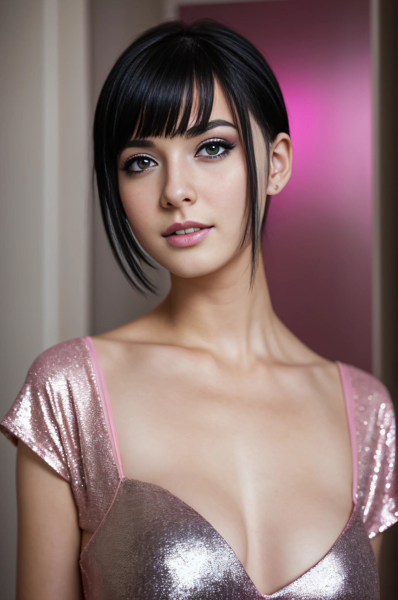 RAW portrait photograph of a pretty 20 yo english girl, short black hair, shimmering pink make up, erotic pose