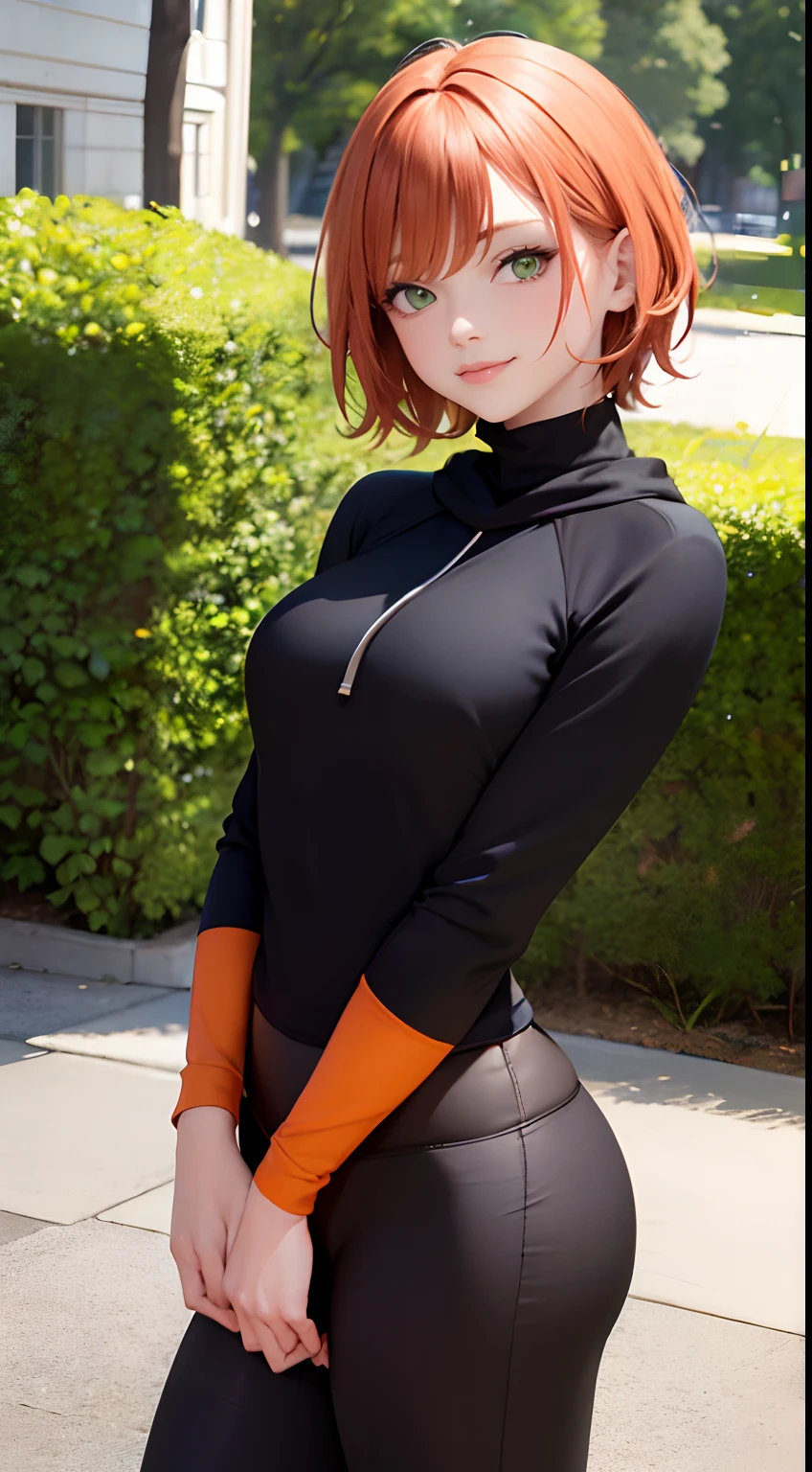 masterpiece, best quality, ultra-detailed, beautiful lighting, Woman, black leggins, orange hair, (green eyes:1.3), (black oversized hoodie:1.2), , turtleneck, standing up, in park, beautiful scenery, slight blush, smiling, (cute smile:1,1), (glossy lips:1.1), (beautiful eyes:1.1), wonderful backround, closed mouth, arms_behind_back, short hair HD HQ UHD