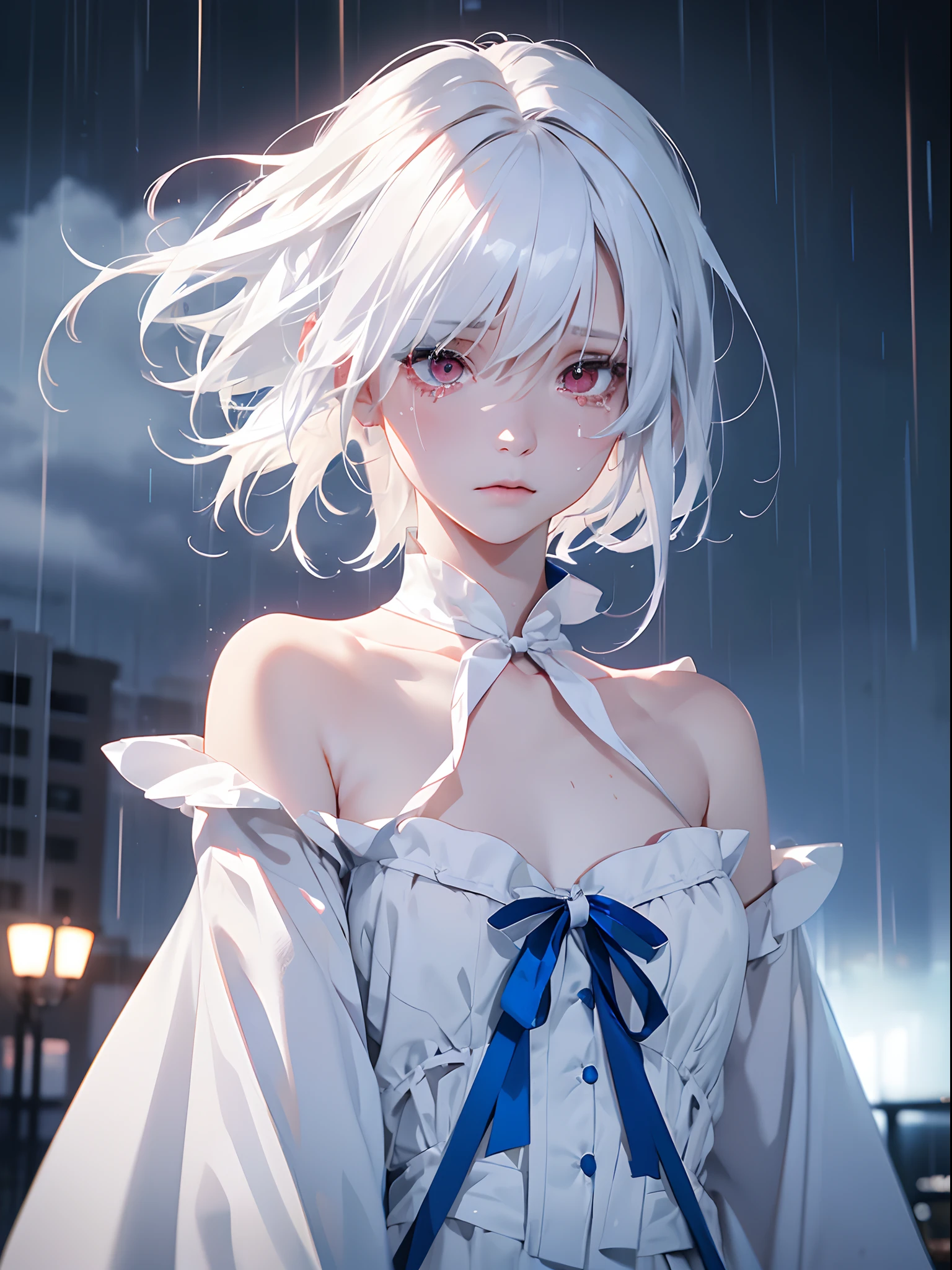 1girl,Albino, cute, white hair, short hair, beautiful, long hair,red eyes, wearing a white and blue dress, hair with a ribbon,Crying in the rain, night light ((8k, UHD, ultra realistic))?