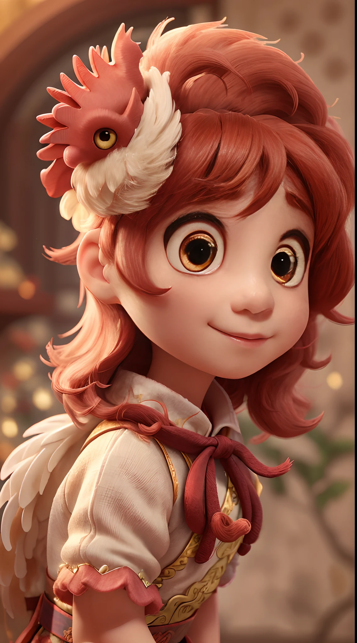 A little rooster dressed in delicate and gorgeous traditional Chinese costumes,Delicate and fluffy hair,The expression is cute,Ultra-detailed details,Local close-up,ultra HD picture quality,blur backgroun