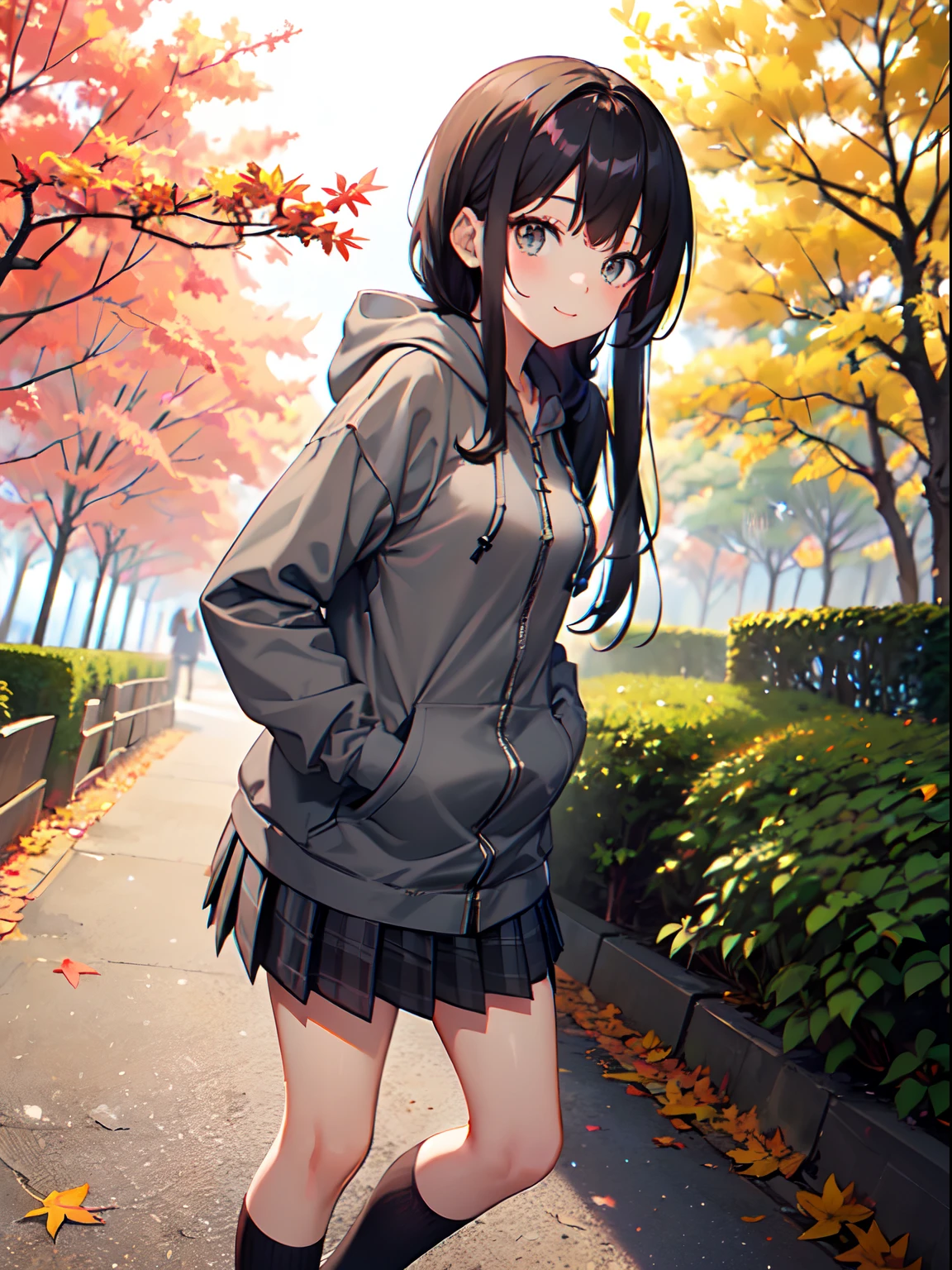1 beautiful young girl, -yeld juschool girl、(flat)、(Dark-haired girl in grey oversized full-zip hoodie:1.3),(Do not wear hoodie hood:1.3)、Wearing a shirt inside a hoodie、(Plaid pleated skirt), (high socks), (lowfers),(Long straight hair)、Autumn Park、Colored leaves、leaves falling、stroll、A slight smil、