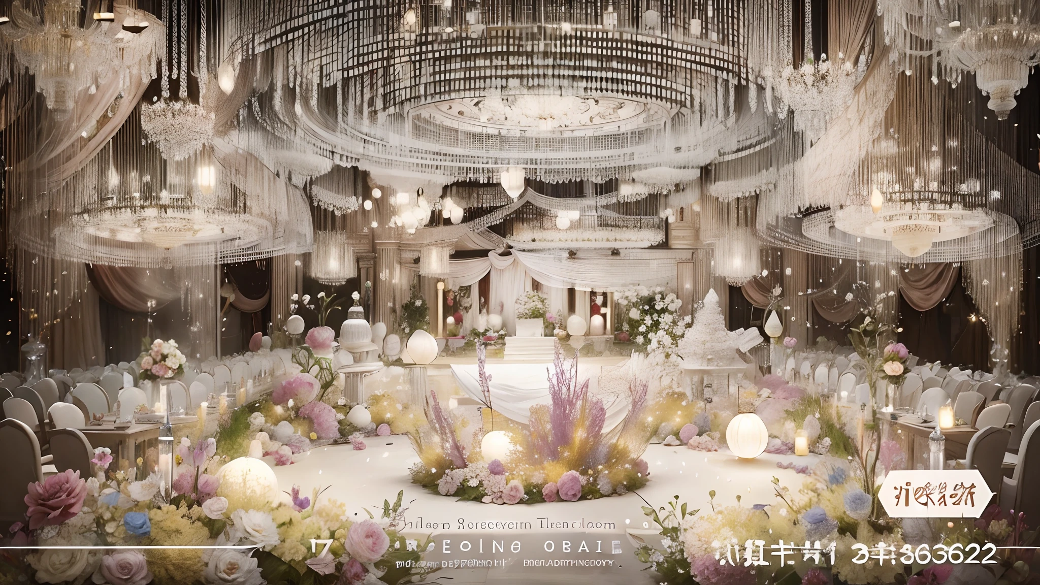 There was a big room,There are a lot of flowers and chandeliers inside, intricate sparkling atmosphere, Magical atmosphere + Masterpiece, magical dream-like atmosphere, Ethereal and dreamy theme, very magical and dreamy, beautiful aesthetic design, luxurious environment, ballroom background, luxurious wedding, Beautiful rendering of the Tang Dynasty, Dramatic dream lighting, ethereal lighting - h 640,Remove the watermark,