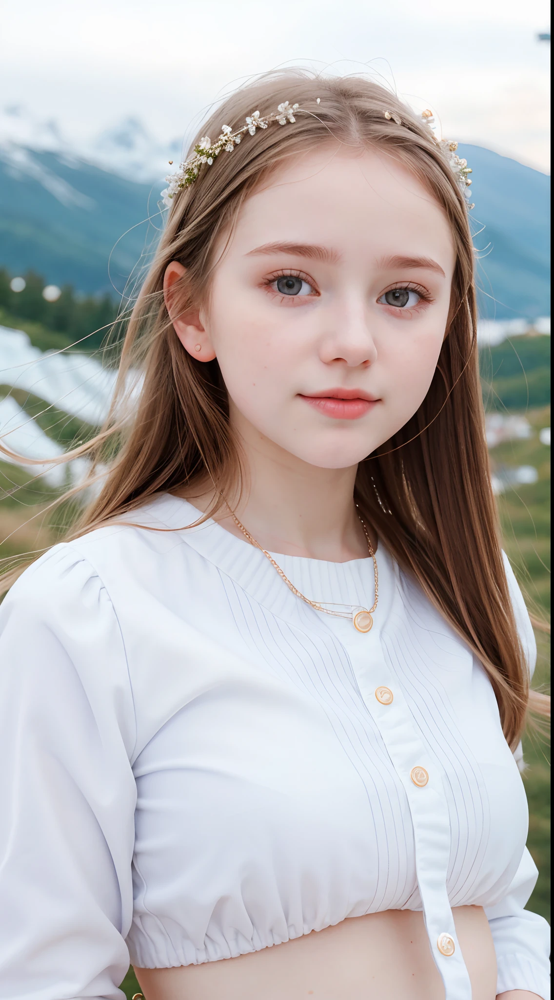 1 Girl, Beautiful, Russian , 20 Years Old, White Skin, White Outfit, Top of The Mountain Background, ((wind:1.3)), Kissing, ((bokeh:1.3)), Carrying Baby Girlrfect Body Anatomy, ((adorable:1.1)), ((masterpiece:1.1))