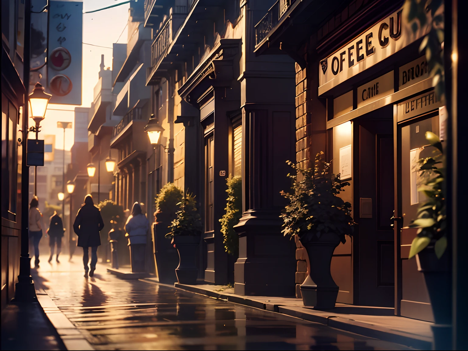 Lively street，There is a coffee shop，High detail, Rococo style, Chiaroscuro, Depth of field, Cinematic lighting, Wide shot, Best quality, High details, Super detail, A high resolution, 8K