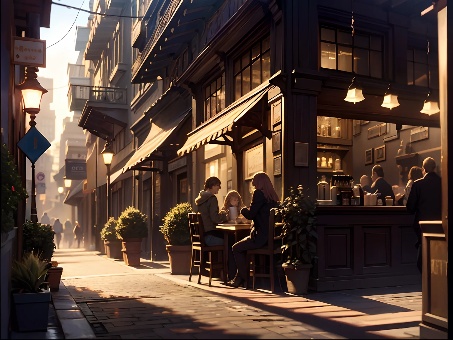 Lively street，There is a coffee shop，High detail, Rococo style, Chiaroscuro, Depth of field, Cinematic lighting, Wide shot, Best quality, High details, Super detail, A high resolution, 8K