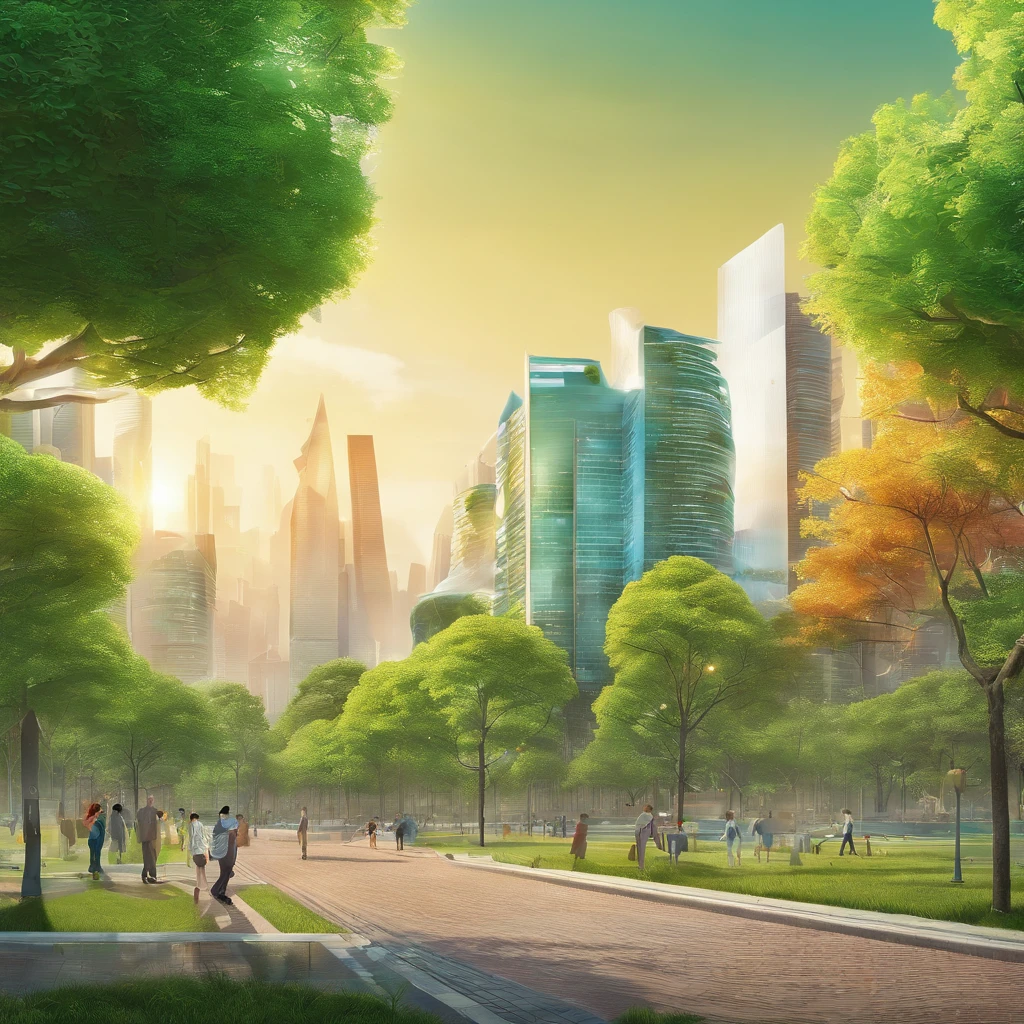 Sunny morning,Green meadows,In the distance is the backdrop of high-rise buildings。A large tree grows on the meadow facing the sky,Orange bulbs hang from the branches,There are sparks flashing inside each bulb。Under the trees,Several business executives are showcasing their innovative projects,Communicate with the bystander audience。