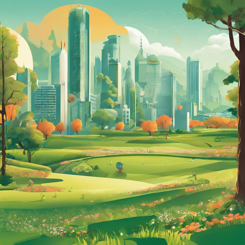 Sunny morning,Green meadows,In the distance is the backdrop of high-rise buildings。A large tree grows on the meadow facing the sky,Orange bulbs hang from the branches,There are sparks flashing inside each bulb。Under the trees,Several business executives are showcasing their innovative projects,Communicate with the bystander audience。