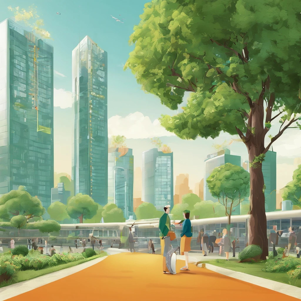Sunny morning,Green meadows,In the distance is the backdrop of high-rise buildings。A large tree grows on the meadow facing the sky,Orange bulbs hang from the branches,There are sparks flashing inside each bulb。Under the trees,Several business executives are showcasing their innovative projects,Communicate with the bystander audience。
