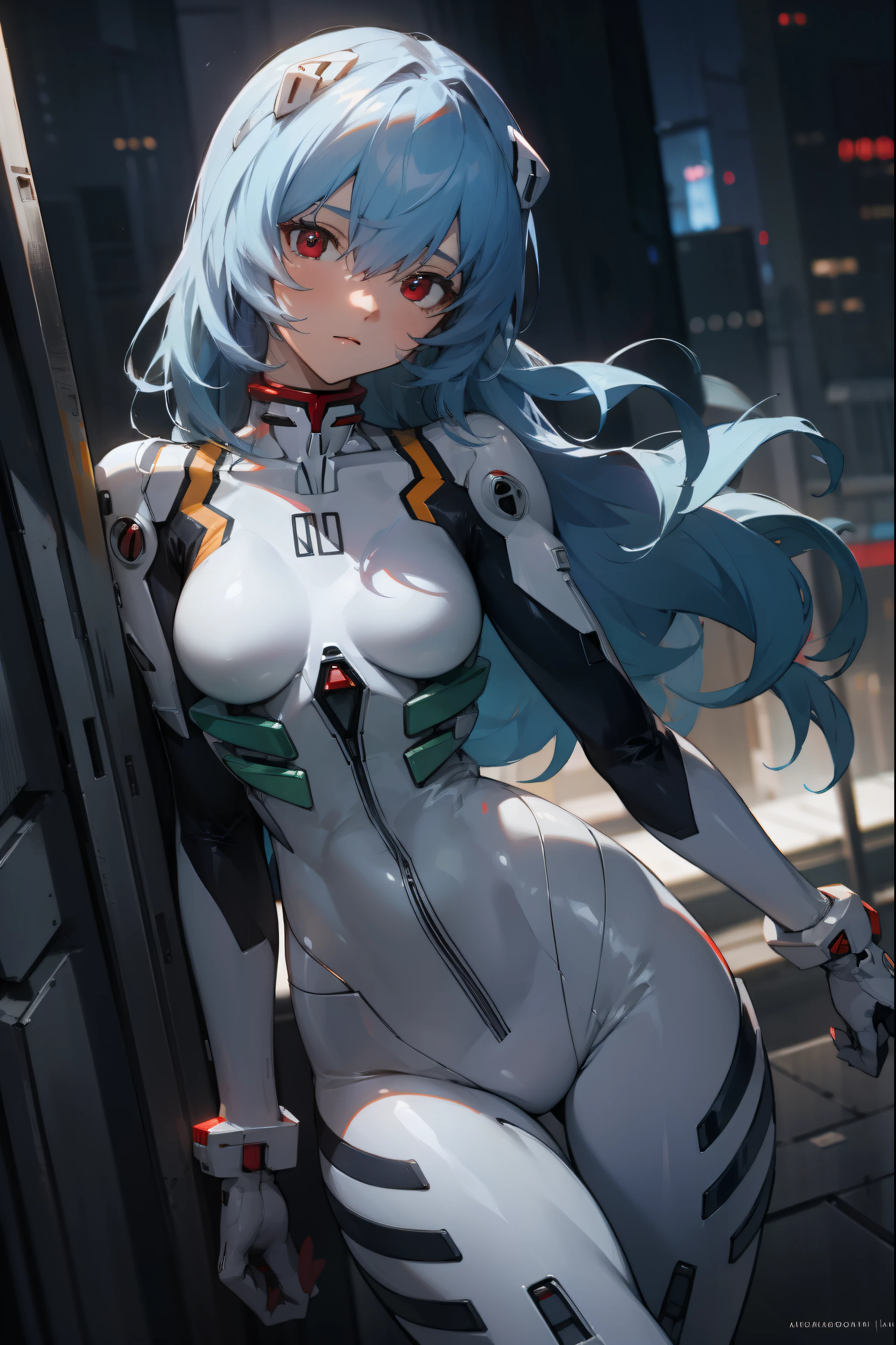 reiayanami, rei ayanami, blue hair, long hair, (red eyes:1.5),
BREAK bodysuit, headgear, plugsuit, white bodysuit,
BREAK outdoors, city,
BREAK looking at viewer, 
BREAK (masterpiece:1.2), best quality, high resolution, unity 8k wallpaper, (illustration:0.8), (beautiful detailed eyes:1.6), extremely detailed face, perfect lighting, extremely detailed CG, (perfect hands, perfect anatomy),