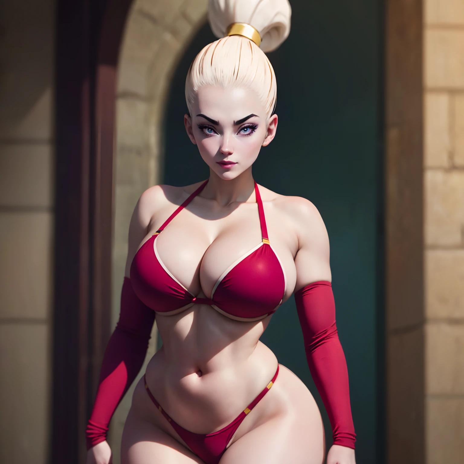 (masterpiece), best quality, expressive eyes, perfect face, solo Vados from dragon Ball super  in sexy bikini 30 year old women seductive body big breasts big thigs facing towards screen curvy body long hairs scar on chest parted lips Lockhart feminine figure body in  bikini, red beautiful expressive eyes , scar on chest, 4k backlighting smirky face full sexy body showing standing in front of wall