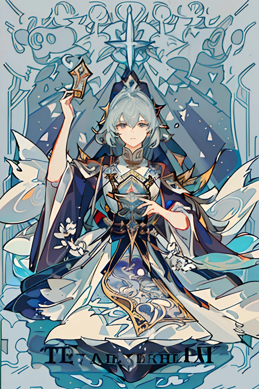 Image of a woman in a robe and cloak,Scepter in hand,Crown on head,Alphonse mucha and rossdraws,Yang J,Inspired by Fenghua Zhong,full-colour illustration,beautiful fantasy empress,(The image is surrounded by a tarot card-style border:1.5), Inspired by Mucha,From Shen Zhou,Beautiful artistic illustration,From Qu Lei Lei、Yan Hui、Zeng Jing、Lu Guang