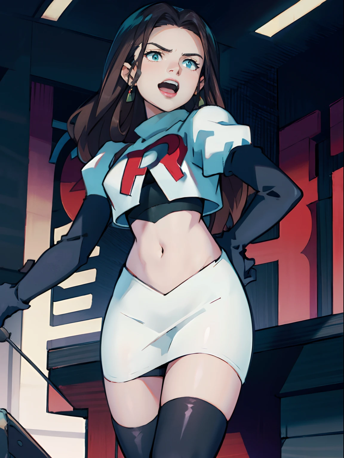 Dorothea, Team Rocket, Team Rocket uniform, red letter R, white skirt, white crop top, black thigh-highs, black elbow gloves, evil laugh, holding microphone in hand