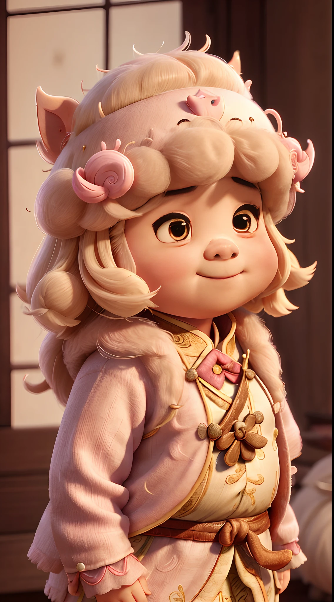 A fat pig dressed in delicate and gorgeous traditional Chinese clothing,Delicate and fluffy hair,The expression is cute,Ultra-detailed details,Local close-up,ultra HD picture quality,blur backgroun