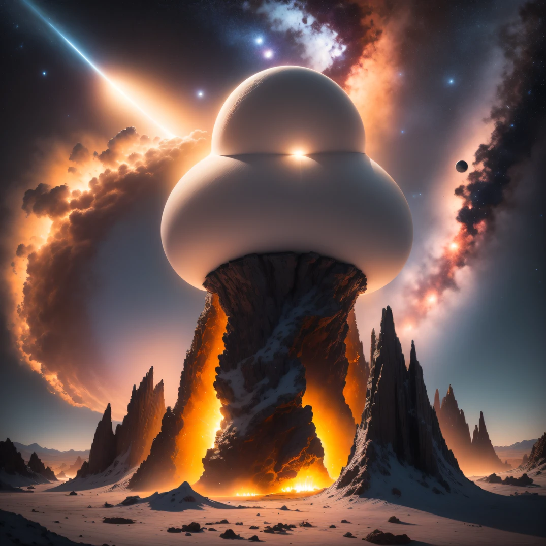 The astronaut,Alien base (Very detailed) In the mountainous desert,There are several exhaust fans and chimneys, Some spotlights come out of the base to illuminate dark places, (Extreme nights), Some clouds in the night sky, Some of the surrounding planets provide air to unknown planets,The farthest giant volcano is erupting((The astronaut))(((The spacesuit is broken)))