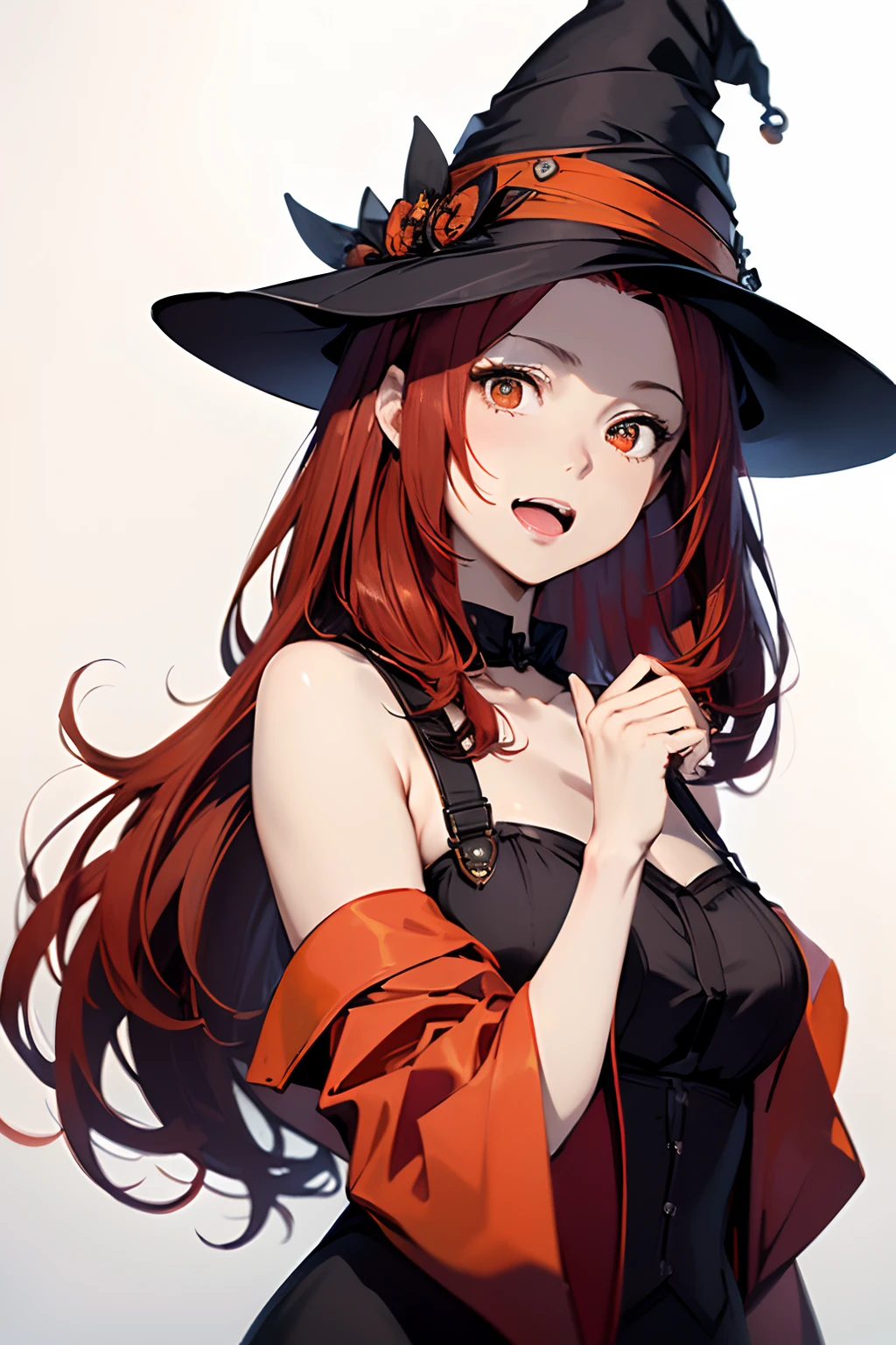 adult girl, long curly orange hair, Orange Eyes, black dress and hat, ssmile, Masterpiece, hiquality