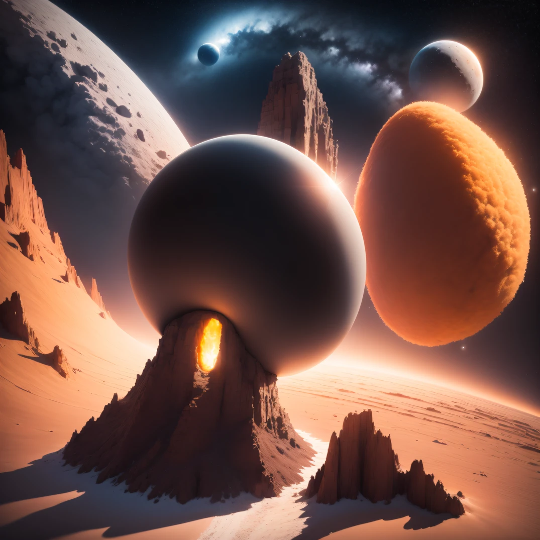 (((The spacesuit is broken)))The astronaut,Alien base (Very detailed) In the mountainous desert,There are several exhaust fans and chimneys, Some spotlights come out of the base to illuminate dark places, (Extreme nights), Some clouds in the night sky, Some of the surrounding planets provide air to unknown planets,The farthest giant volcano is erupting((The astronaut))(((The spacesuit is broken)))