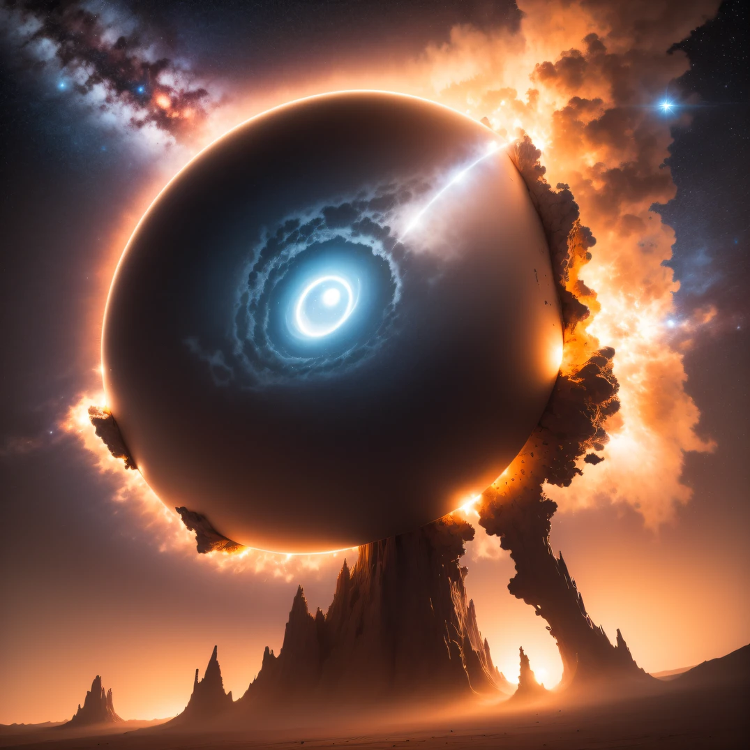 (((The spacesuit is broken)))The astronaut,Alien base (Very detailed) In the mountainous desert,There are several exhaust fans and chimneys, Some spotlights come out of the base to illuminate dark places, (Extreme nights), Some clouds in the night sky, Some of the surrounding planets provide air to unknown planets,The farthest giant volcano is erupting((The astronaut))(((The spacesuit is broken)))