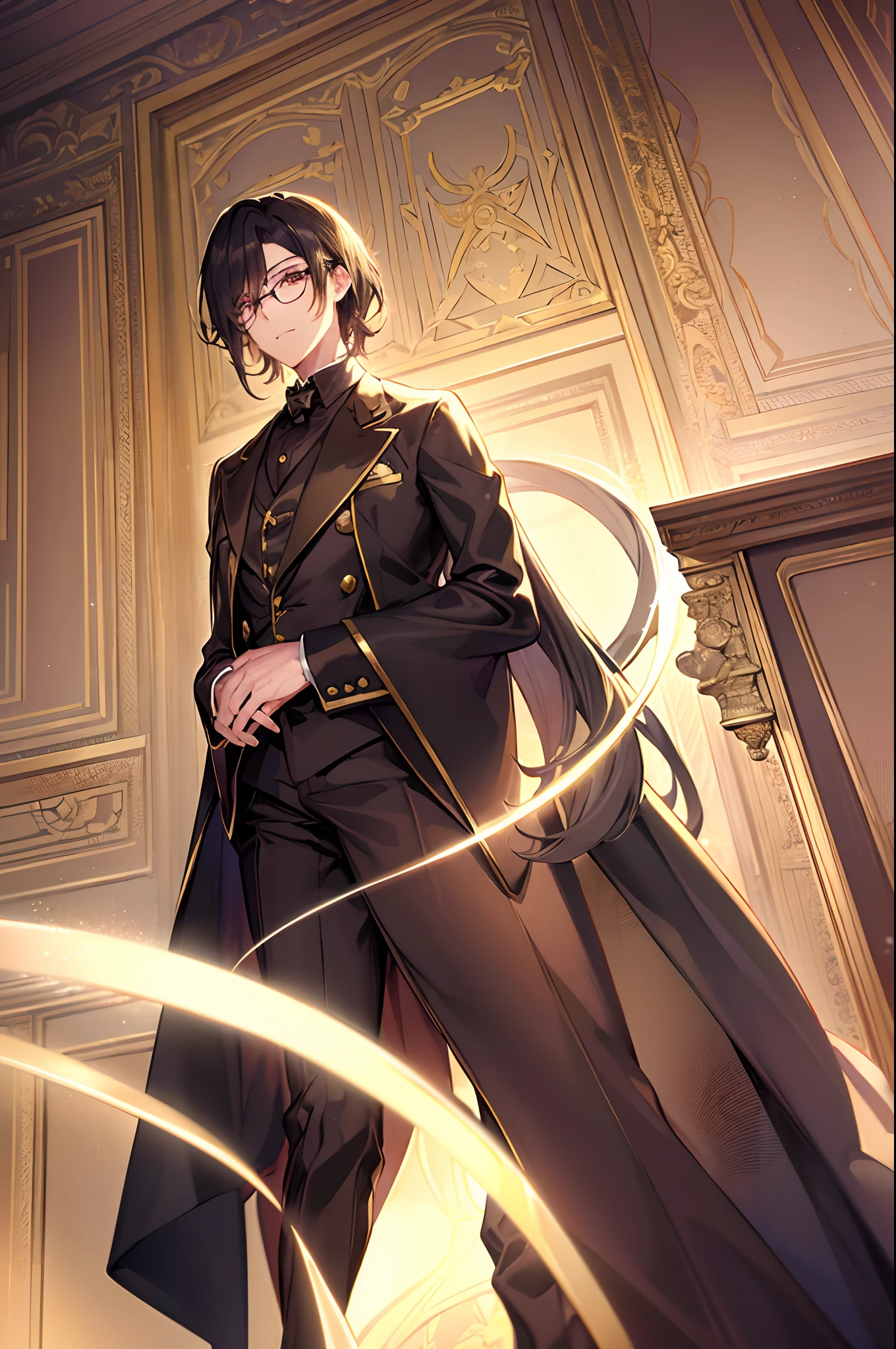 animesque、top-quality、Standing picture、Soio、Whole human body、Handsome and beautiful man、deacon、short hair of shiny detailed golden color,,、Black tailcoat with noble and detailed design、Wearing intelligent and good-looking glasses、Elegant、Detailed cartoon-like red eyes、Beautiful eyebrows、elegent、Luxury、glamor