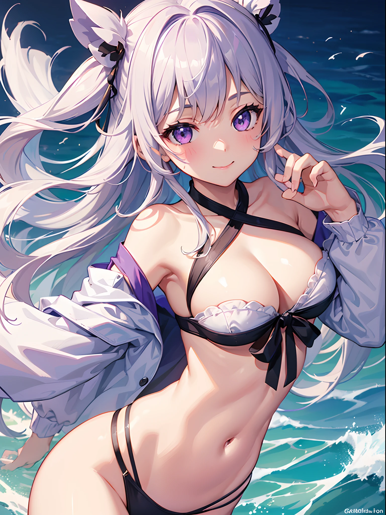 ((4K, ​master piece, Best Quality)), 1girl in, Silver medium hair, Light purple eyes, Cute, blush, medium breasts⁩, Swimsuit, Summer Smile