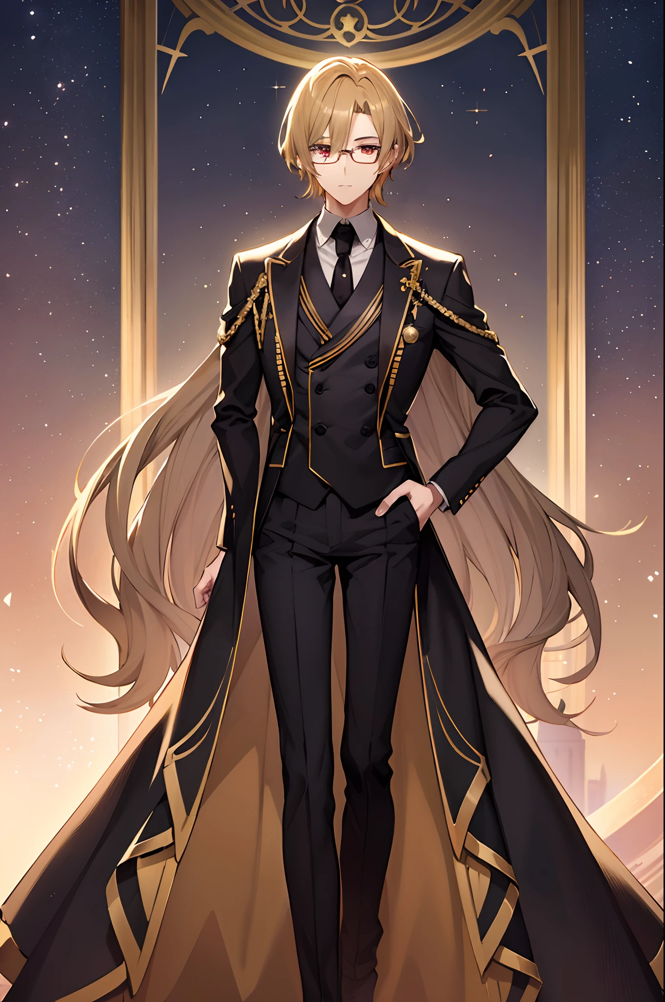 animesque、top-quality、Standing picture、Soio、Whole human body、Handsome and beautiful man、deacon、short hair of shiny detailed golden color,,、Black tailcoat with detailed design、Wearing intelligent and good-looking glasses、Elegant、Detailed cartoon-like red eyes、Beautiful eyebrows、elegent、Luxury、glamor