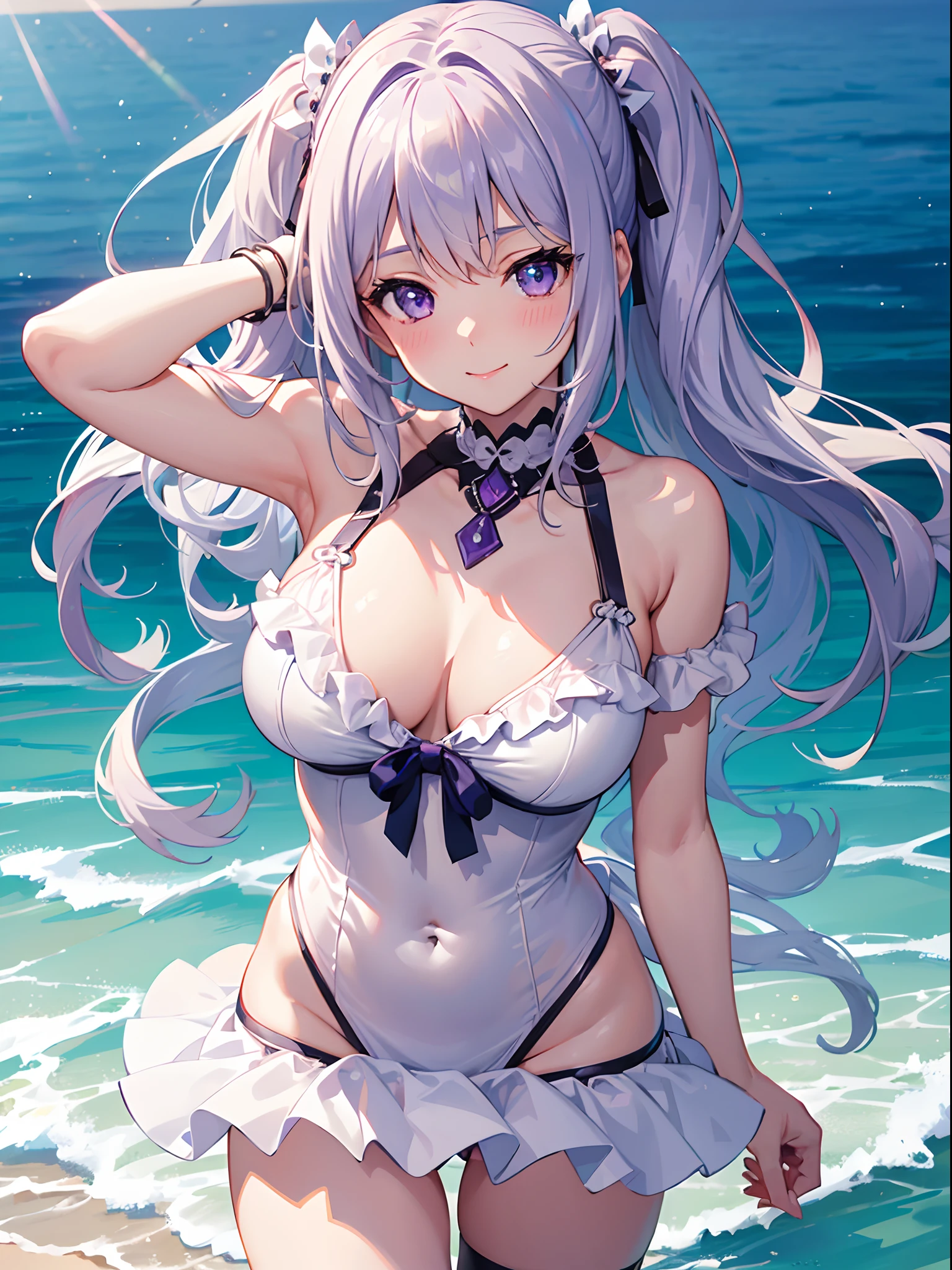 ((4K, ​master piece, Best Quality)), 1girl in, Silver medium hair, Light purple eyes, Cute, blush, medium breasts⁩, Swimsuit, Summer Smile