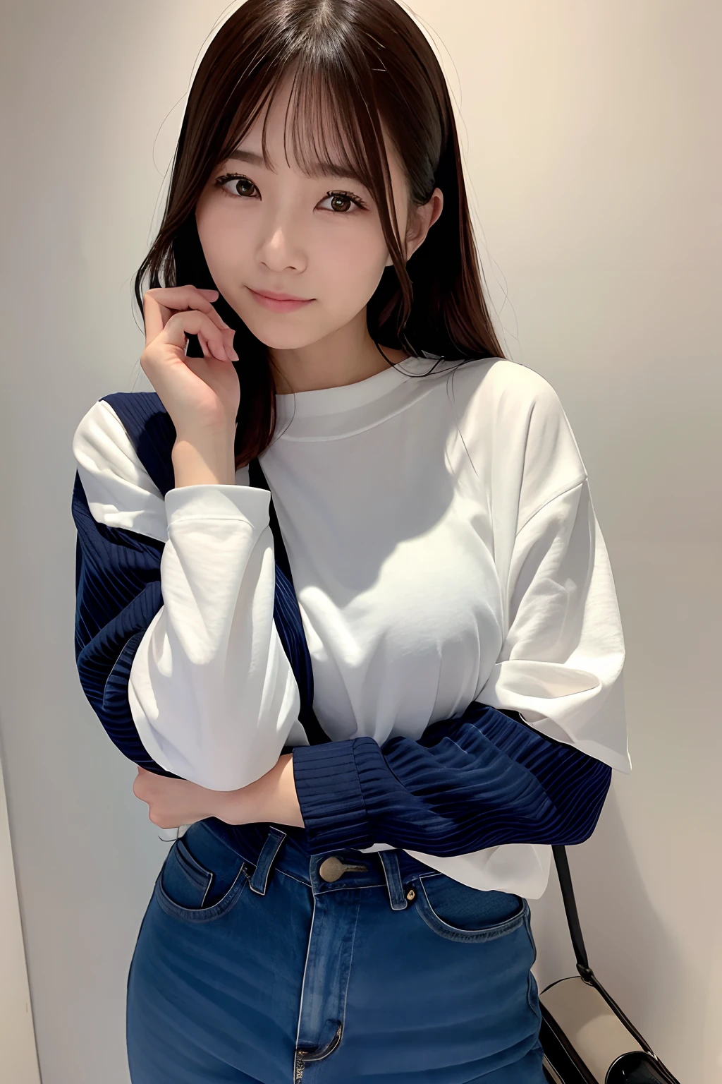 Ordinary woman in plain clothes、Harsh flash photography、[photos realistic]!!,Candid flash photography、magnifica、Masa Nakayama、flash photo、Sui Ishida、Do not copy hands、adult lady、White wall background、Photo from the front、Promotional photos、Cute clothes、Beautiful clothes