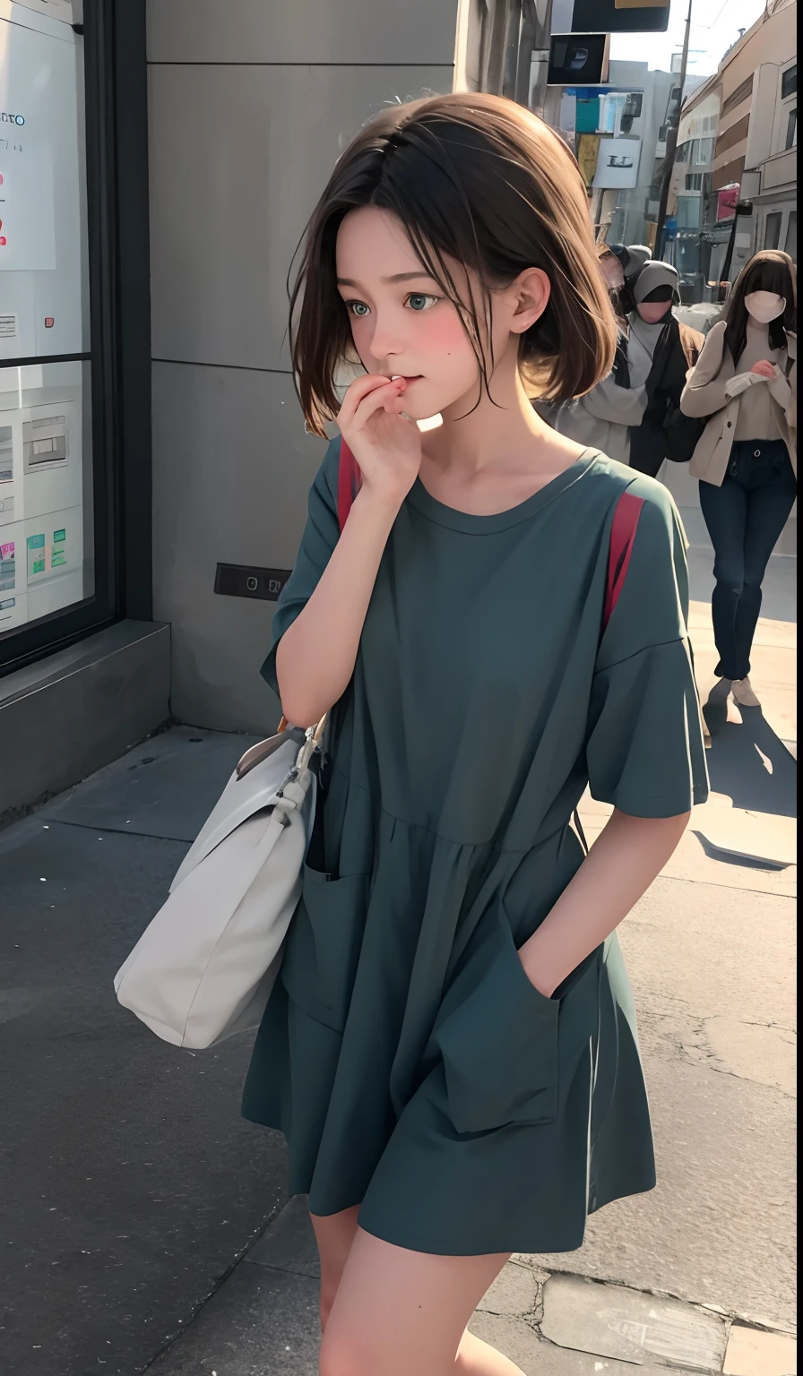1 girl is taking to lavatory, looking away,  standing, Green eyes, embarrassed, blush, Keep one's mouth shut,  street (girl is peeing self:0.4)