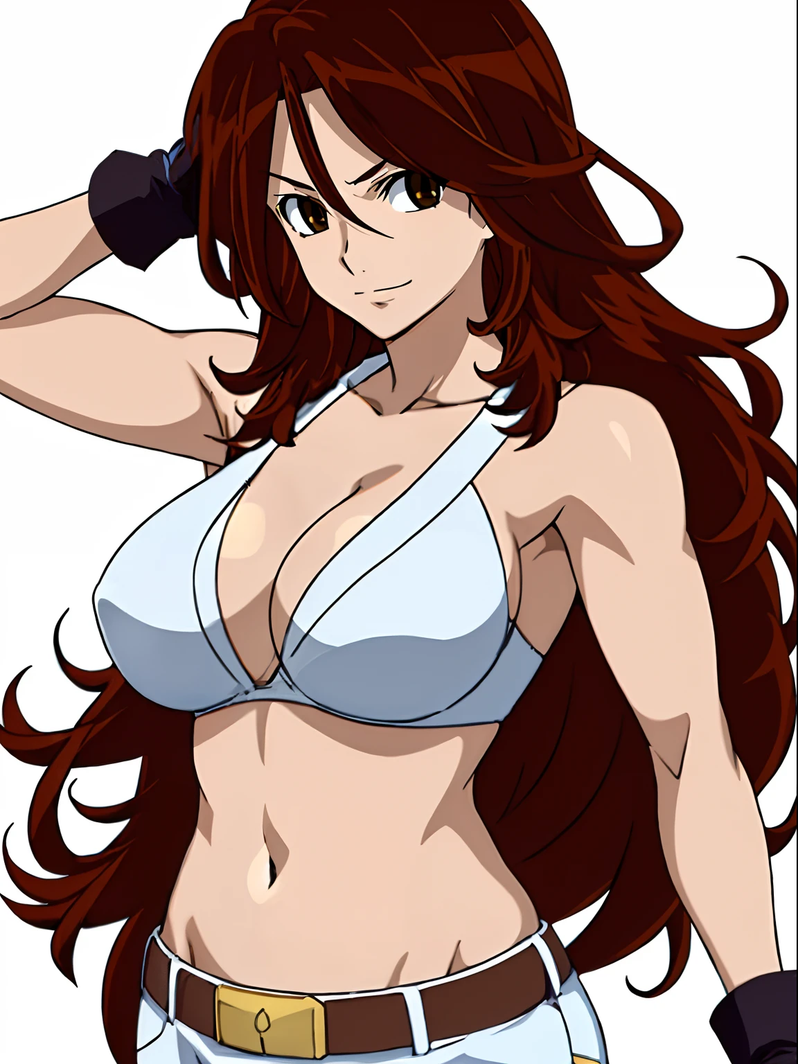 Flexing arm muscles, Karate stance, ((solo)), Best Quality, hires, curvy midsection, (tilt head, defined weak muscles, detailed muscles), smile, happy), upper body only, anime style: 1.8, anime drawing, ultra detailed face, ultra detailed body, 4k, Sumergai Lee Noriega, karate stance, best quality, anime style, hires, highest definition, digital blending, bold drawing lines, (((White Background))), ( (defined muscles), long attractive belly, slim body, ((strong arm muscles)), broad shoulders , off-shoulders, closed fists, (slutty bra, shorts, white gloves, , arm band, (champion belt))), (large breasts, defined cleavage, closed mouth, sexy navel, shiny skin), (big eyes, brown eyes, shiny eyes), (reddish hair, loose hair, curly hair, wavy hair, long hair, floating hair)