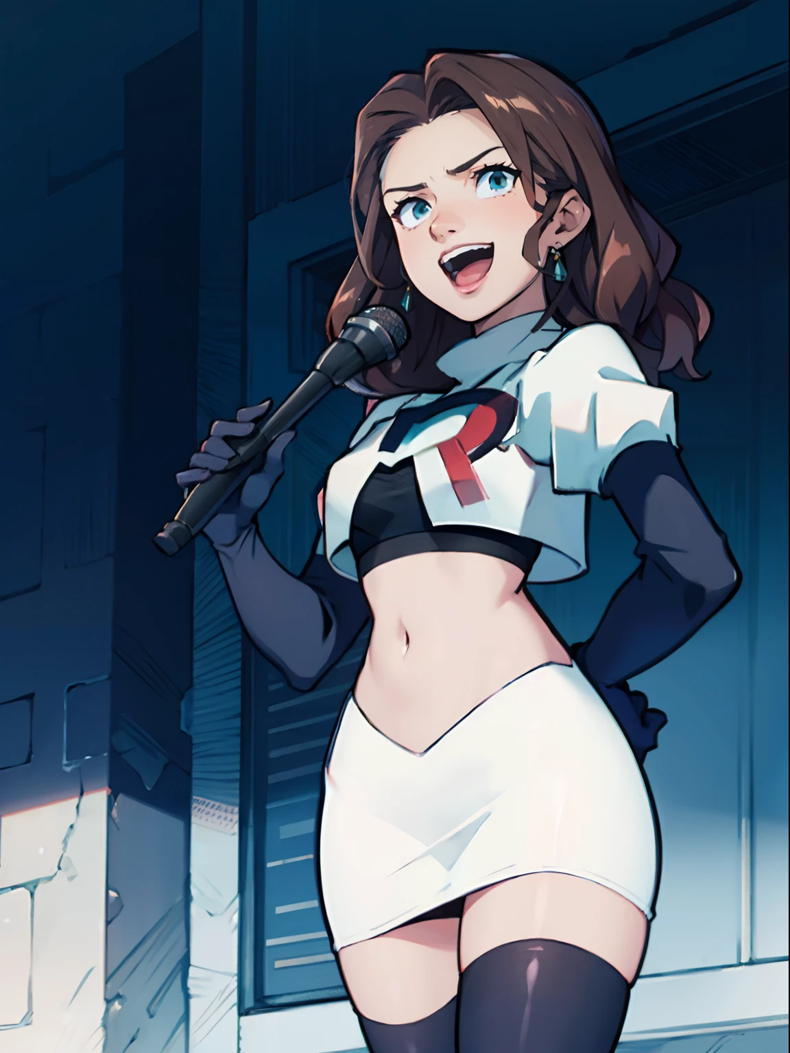 Dorothea, Team Rocket, Team Rocket uniform, red letter R, white skirt, white crop top, black thigh-highs, black elbow gloves, evil laugh, holding a microphone in hand