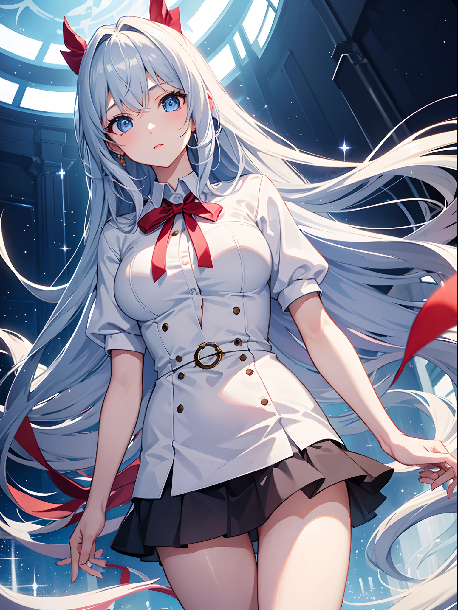 Masterpiece, high definition, 1girl, Long hair, blue eyes, hair light, Average Breasts,, looking up at the camera, pectorals, manicure, short skirt, plain white shirt, blusher, Background: City, sparkly skin, red ribbon