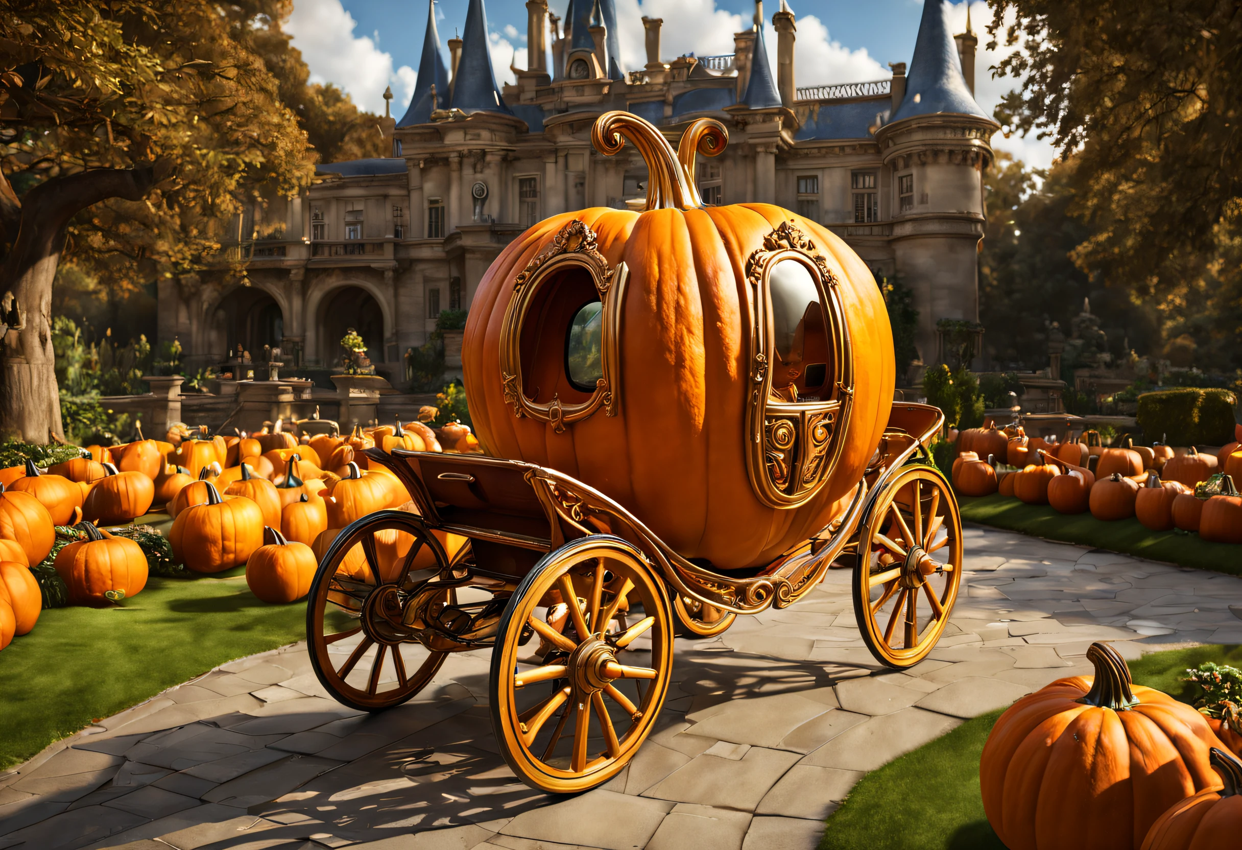 (best quality, 4k, 8k, high resolution, masterpiece: 1.2), ultra detailed, (realistic, photorealistic, photorealistic: 1.37), (Cinderella's pumpkin carriage: 1.42), in a palace garden, scene taken from the Wald Disney movie" Cinderella", professional lighting, fine texture, incredibly realistic. , cinematographic. , Large camera with photography format. , photo realism, DSLR, 8k uhd, hdr, ultra detailed, high quality, high contrast