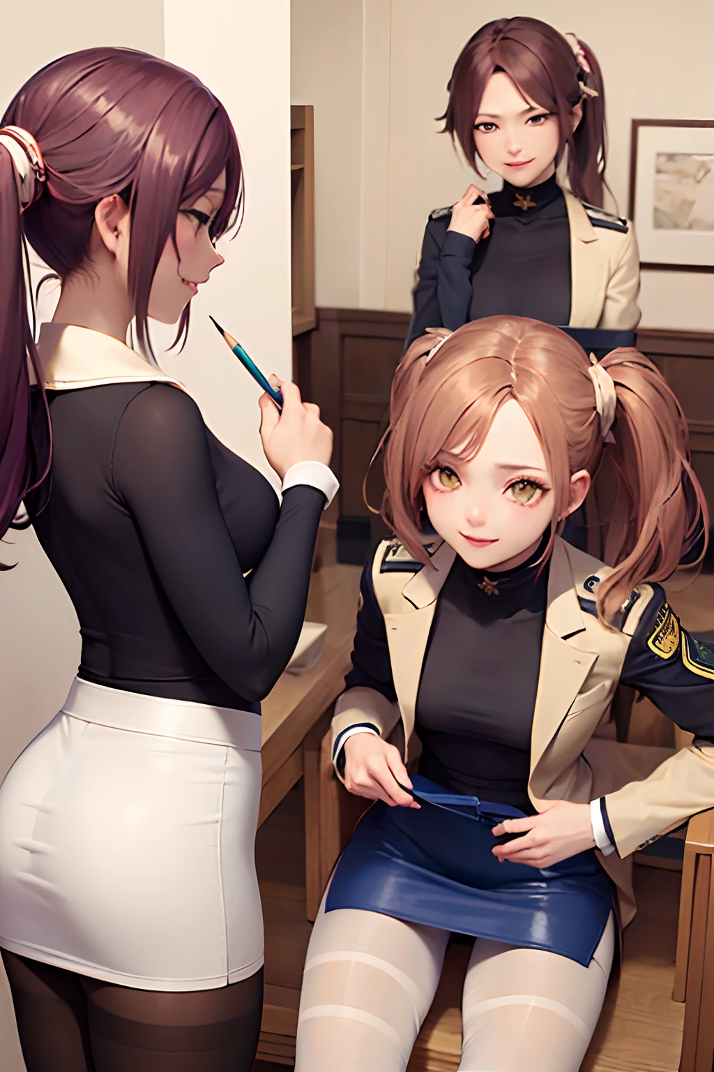 (masterpiece、top-quality:1.2)、cowboy shot、独奏、1girll、Shihoin Yoruichi、A smile、see the beholder、long pony tail、((military outfits))、(pencil skirts)、(pantyhose)、Brown-skinned、Provoking poses