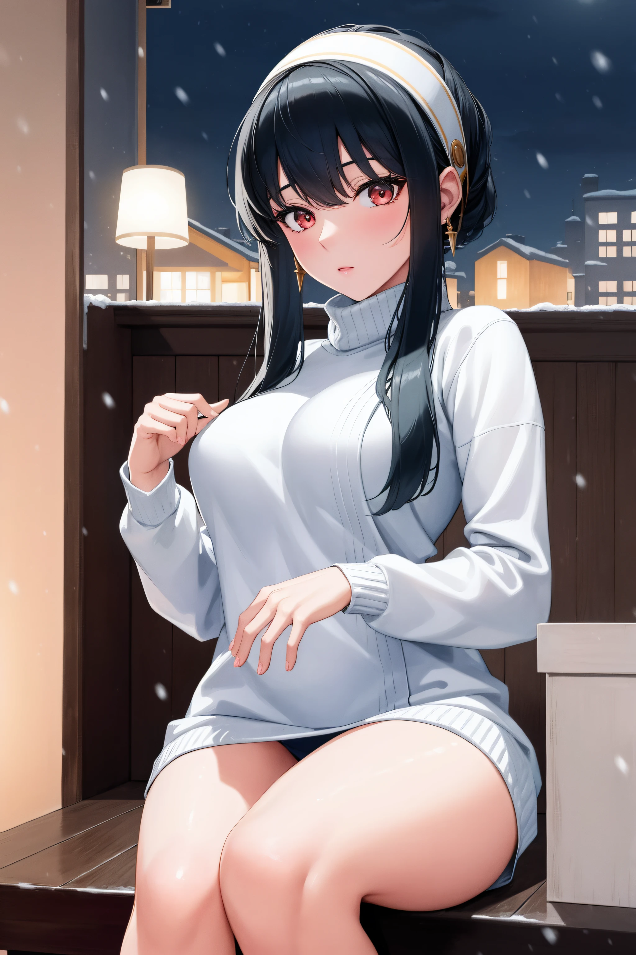 (Night:1.7), palms, pine_tree,sky,snow, snowing,tower, town, tree,
sitting at attention,sitting on couch,
sweater, turtleneck,long_sleeves,
bbyorf, short hair with long locks, white hairband, red eyes, gold earrings, 
1 girl, 20yo,mature female,Beautiful Finger,Beautiful long legs,Beautiful body,Beautiful Nose,Beautiful character design, perfect eyes, perfect face,
looking at viewer, (innocent_big_eyes:1.0),(expressionless:1.3),
NSFW,official art,extremely detailed CG unity 8k wallpaper, perfect lighting,Colorful, Bright_Front_face_Lighting,
(masterpiece:1.0),(best_quality:1.0), ultra high res,4K,ultra-detailed,
photography, 8K, HDR, highres, absurdres:1.2, Kodak portra 400, film grain, blurry background, bokeh:1.2, lens flare, (vibrant_color:1.2)
(Beautiful,medium_Breasts:1.4), (beautiful_face:1.5),(narrow_waist),