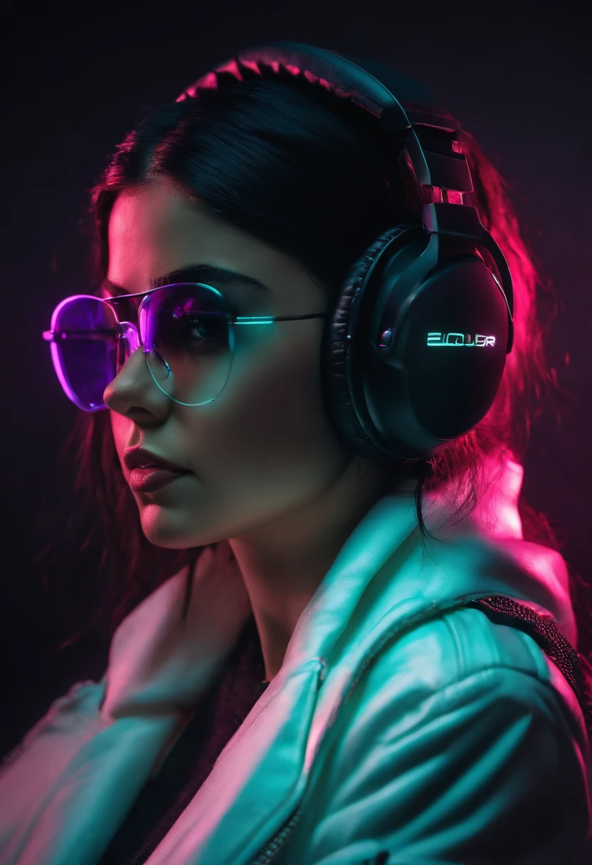 Selena Gomez with black hair wearing gaming headsets glowing with colored light and glasses with a light on her face, foto de perfil 1024px, Streamer do Twitch, Razer, fone de ouvido cyberpunk, Streamer do Twitch / Jogador Ludwig, nice lighting