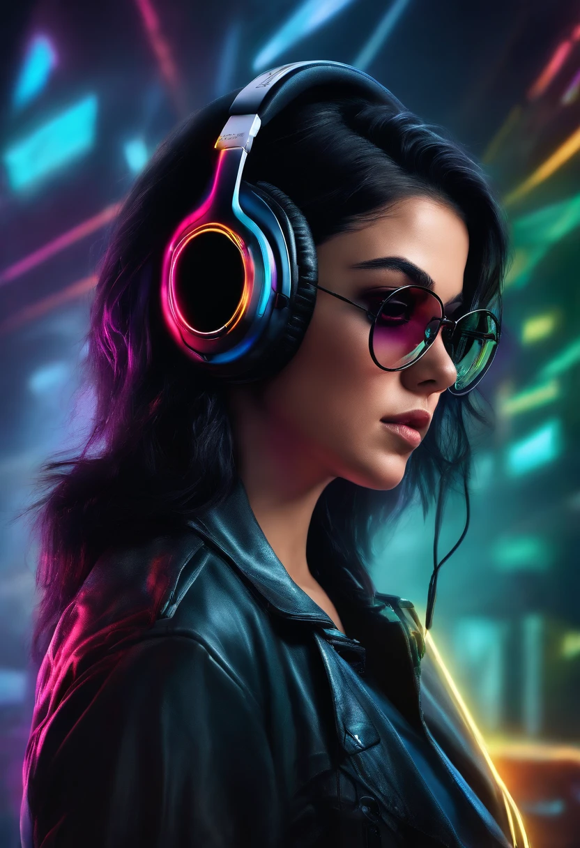 Selena Gomez with black hair wearing gaming headsets glowing with colored light and glasses with a light on her face, foto de perfil 1024px, Streamer do Twitch, Razer, fone de ouvido cyberpunk, Streamer do Twitch / Jogador Ludwig, nice lighting