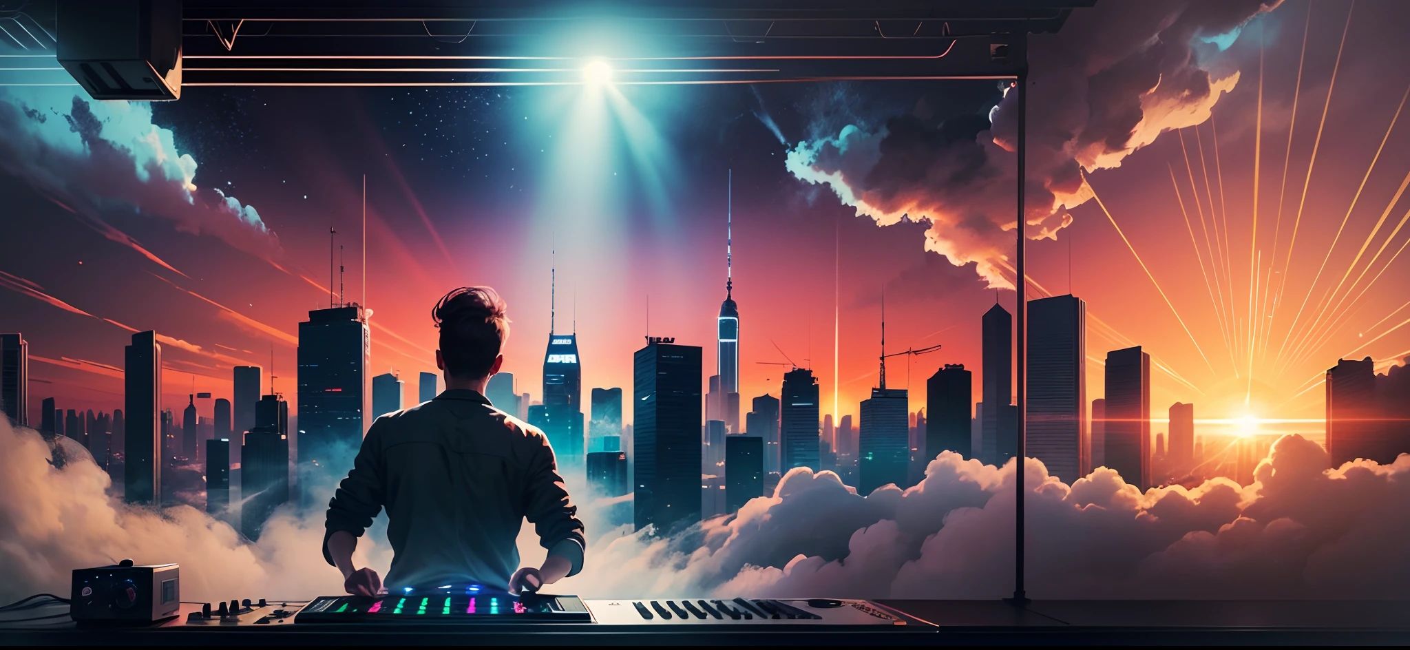 **Above the clouds, Thousands of dancing at a techno party a DJ stand, day light, sunrise, above the clouds, illustration of a hand painting with a brush on paper in watercolor style --auto --s2