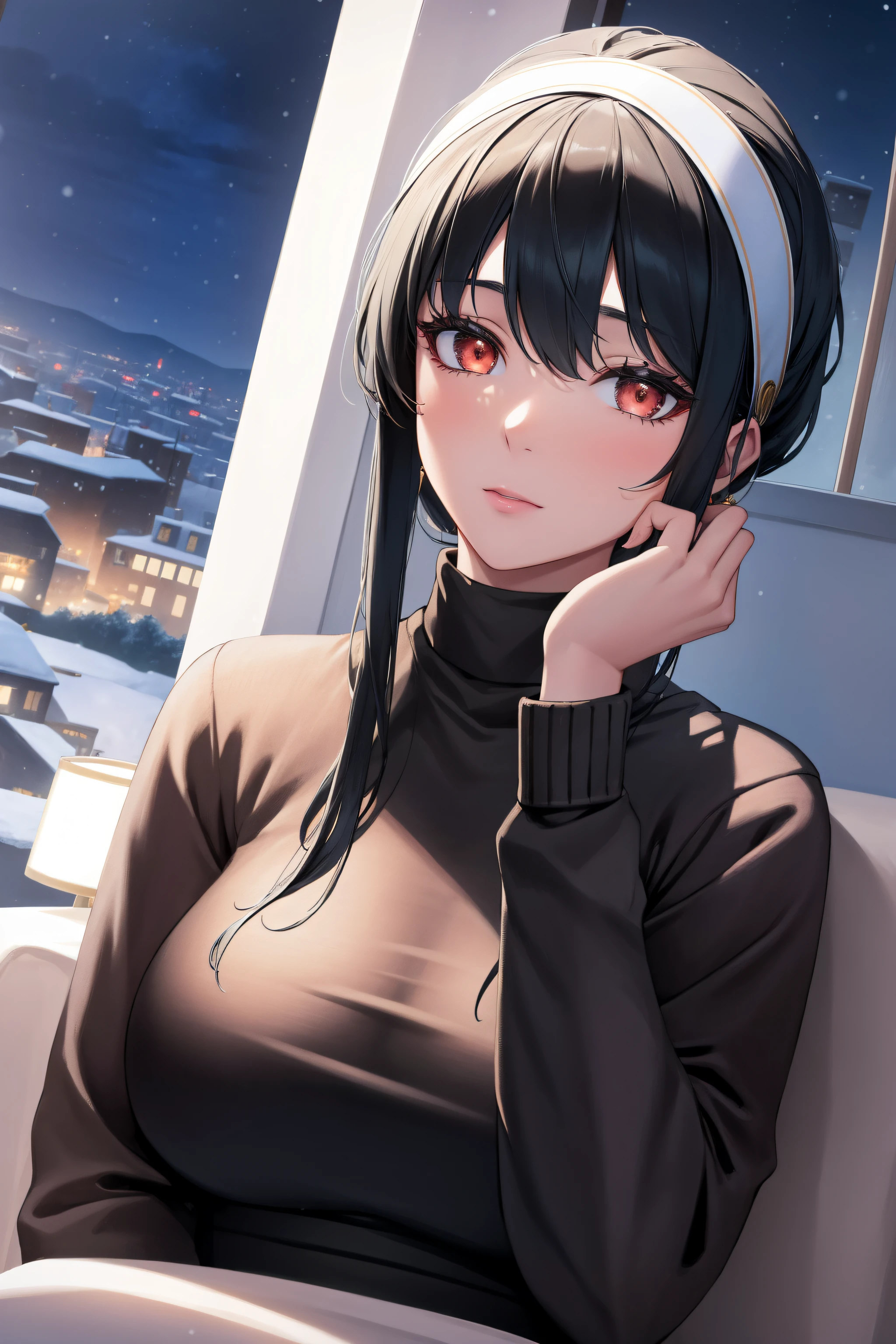 (Night:1.7), palms, pine_tree,sky,snow, snowing,tower, town, tree,
sitting at attention,sitting on couch,
sweater, turtleneck,long_sleeves,
bbyorf, short hair with long locks, white hairband, red eyes, gold earrings, 
1 girl, 20yo,mature female,Beautiful Finger,Beautiful long legs,Beautiful body,Beautiful Nose,Beautiful character design, perfect eyes, perfect face,
looking at viewer, (innocent_big_eyes:1.0),(expressionless:1.3),
NSFW,official art,extremely detailed CG unity 8k wallpaper, perfect lighting,Colorful, Bright_Front_face_Lighting,
(masterpiece:1.0),(best_quality:1.0), ultra high res,4K,ultra-detailed,
photography, 8K, HDR, highres, absurdres:1.2, Kodak portra 400, film grain, blurry background, bokeh:1.2, lens flare, (vibrant_color:1.2)
(Beautiful,medium_Breasts:1.4), (beautiful_face:1.5),(narrow_waist),