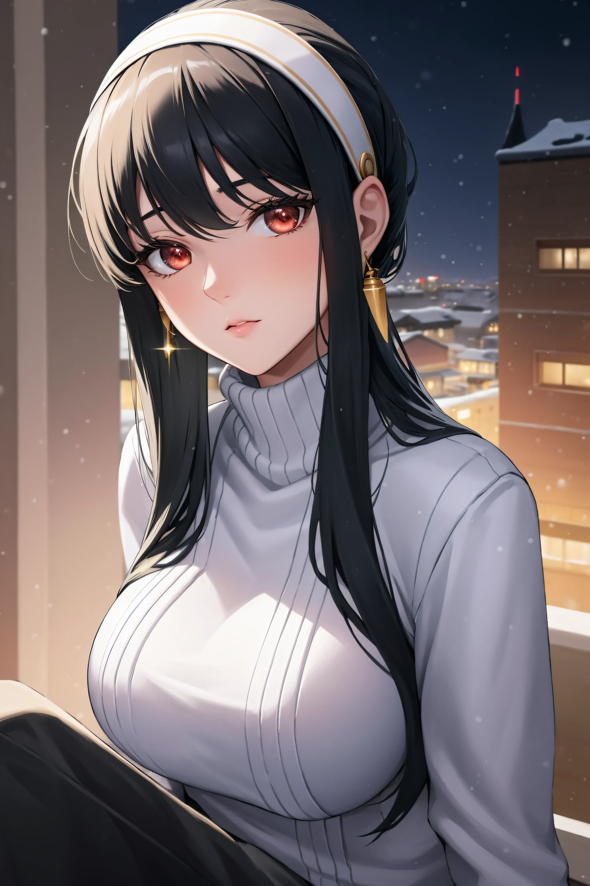 (Night:1.7), palms, pine_tree,sky,snow, snowing,tower, town, tree,
sitting at attention,sitting on couch,
sweater, turtleneck,long_sleeves,
bbyorf, short hair with long locks, white hairband, red eyes, gold earrings, 
1 girl, 20yo,mature female,Beautiful Finger,Beautiful long legs,Beautiful body,Beautiful Nose,Beautiful character design, perfect eyes, perfect face,
looking at viewer, (innocent_big_eyes:1.0),(expressionless:1.3),
NSFW,official art,extremely detailed CG unity 8k wallpaper, perfect lighting,Colorful, Bright_Front_face_Lighting,
(masterpiece:1.0),(best_quality:1.0), ultra high res,4K,ultra-detailed,
photography, 8K, HDR, highres, absurdres:1.2, Kodak portra 400, film grain, blurry background, bokeh:1.2, lens flare, (vibrant_color:1.2)
(Beautiful,medium_Breasts:1.4), (beautiful_face:1.5),(narrow_waist),