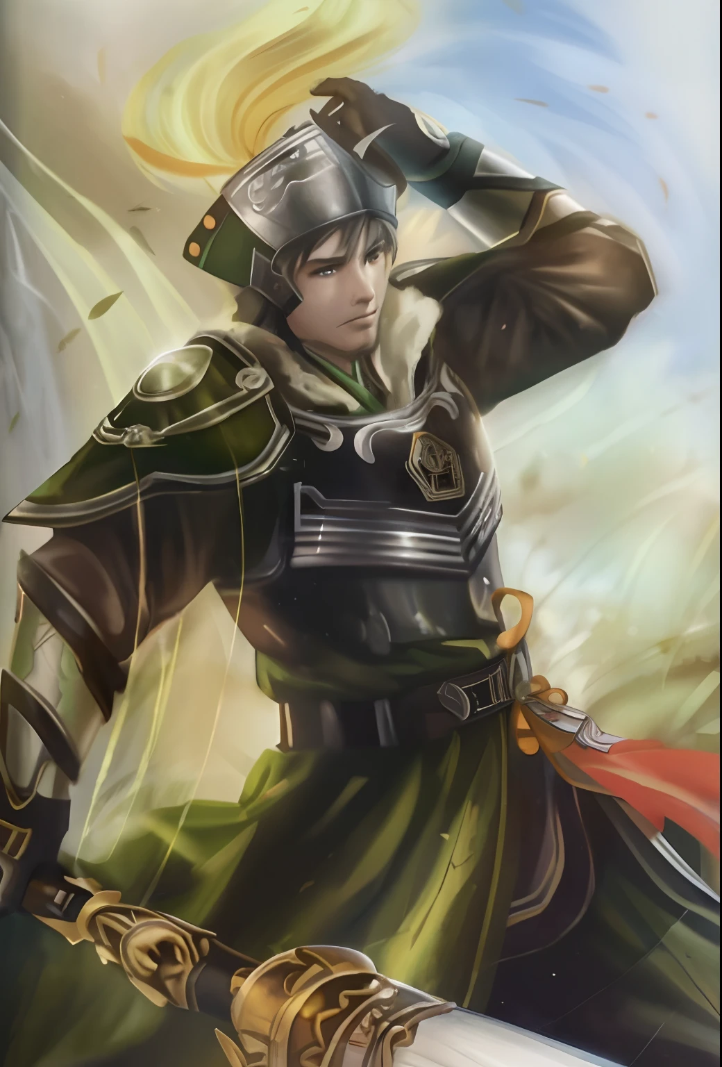 A close-up of a painting of a man in armor holding a sword, zhao yun, heise jinyao, Dynasty warriors, Inspired by Huang Shen, Inspired by Shen Zhou, Inspired by Hu Zaobin, inspired by Fan Kuan, inspired by Guo Chun, inspired by Yang Jin, inspired by Li Rongjin, bian lian, feng shu