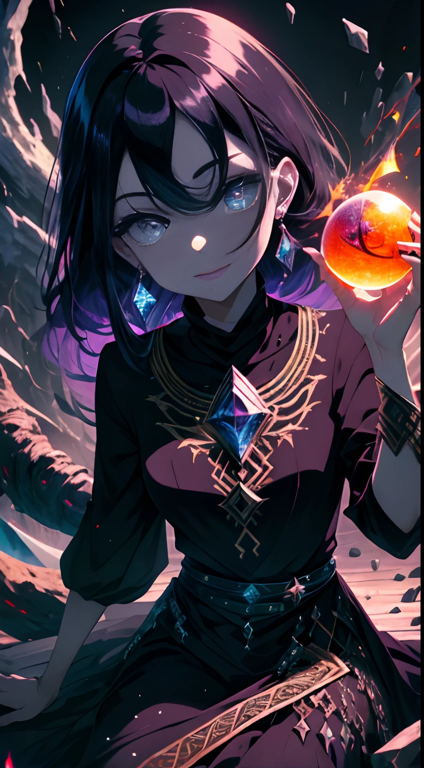 (Absurdo, alto, Ultra Detalhado, HDR), master part, best quality, A girl sitting with a giant-eyed demon, em olhar arrogante, sozinha, young woman, demon eyeball, globo ocular gigante, nojenta, black demon wing, demon horn, bonitona, Olhos vermelhos, olho brilhante, manto preto, earring and accessory, peito nu, cara arrogante, corpo inteiro, magic vortex, spark, redemoinho, AURA PRETO, a black cloudy sky, abismo, Resumo Antecedentes, lateralmente, pesquisar, sorriso maligno