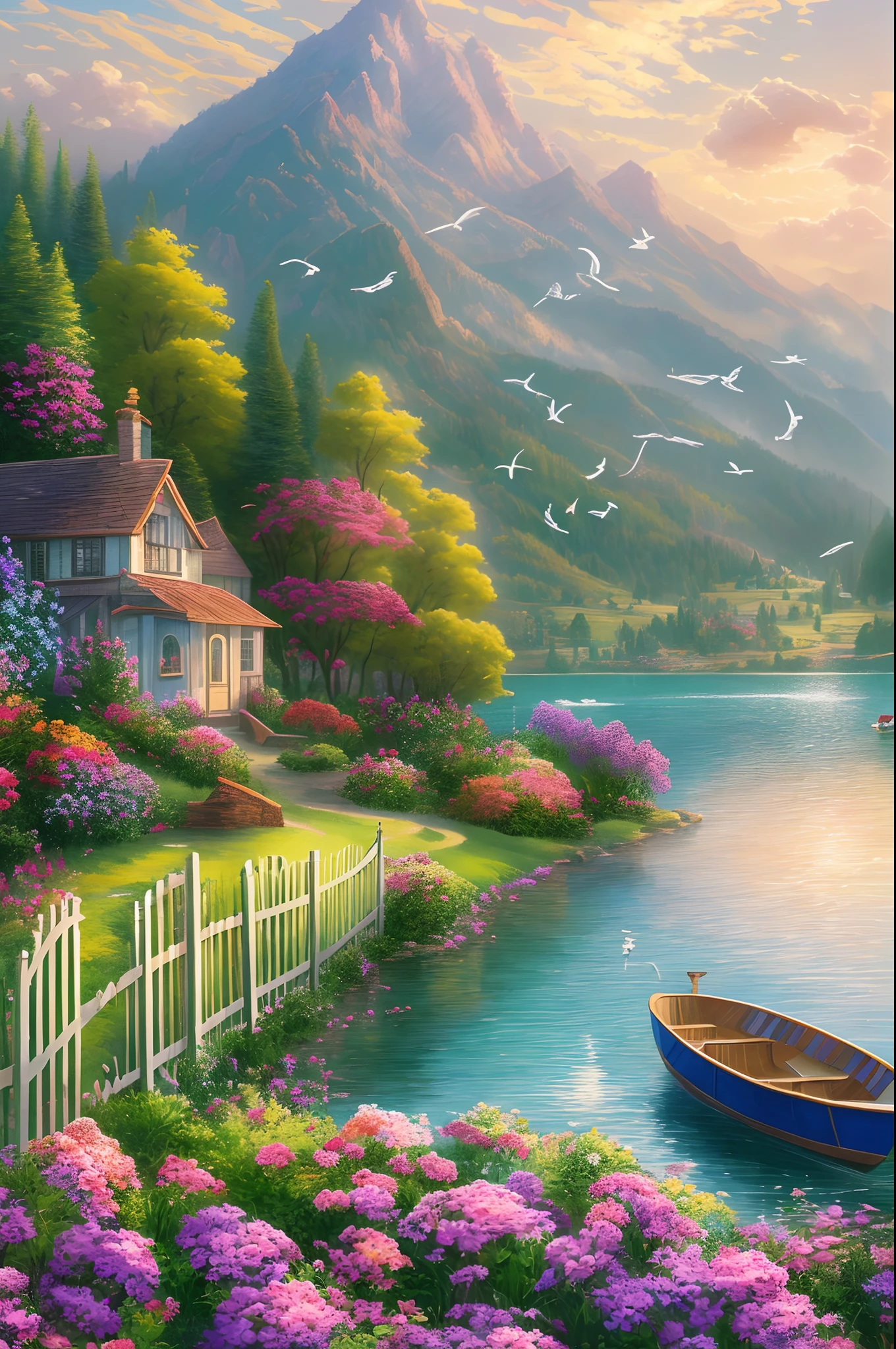 painting of a hill, flowers beside of fence, fence along the road, mountain landscape with a lake and a boat, birds flying in the blue sky, illustration matte painting, inspired by Thomas Kinkade, symmetric matte painting, detailed scenery , style raw, 8 k ultra detailed