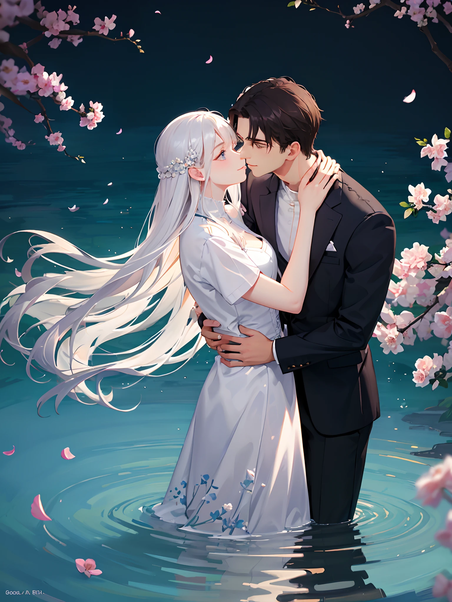 Beautiful and romantic picture，Woman wears sexy white shirt，Handsome facial features of men，The man's affectionate eyes，They looked at each other，high qulity，tmasterpiece，The man puts his arm around the woman，stood in the water，Surrounded by flowers，softlighting