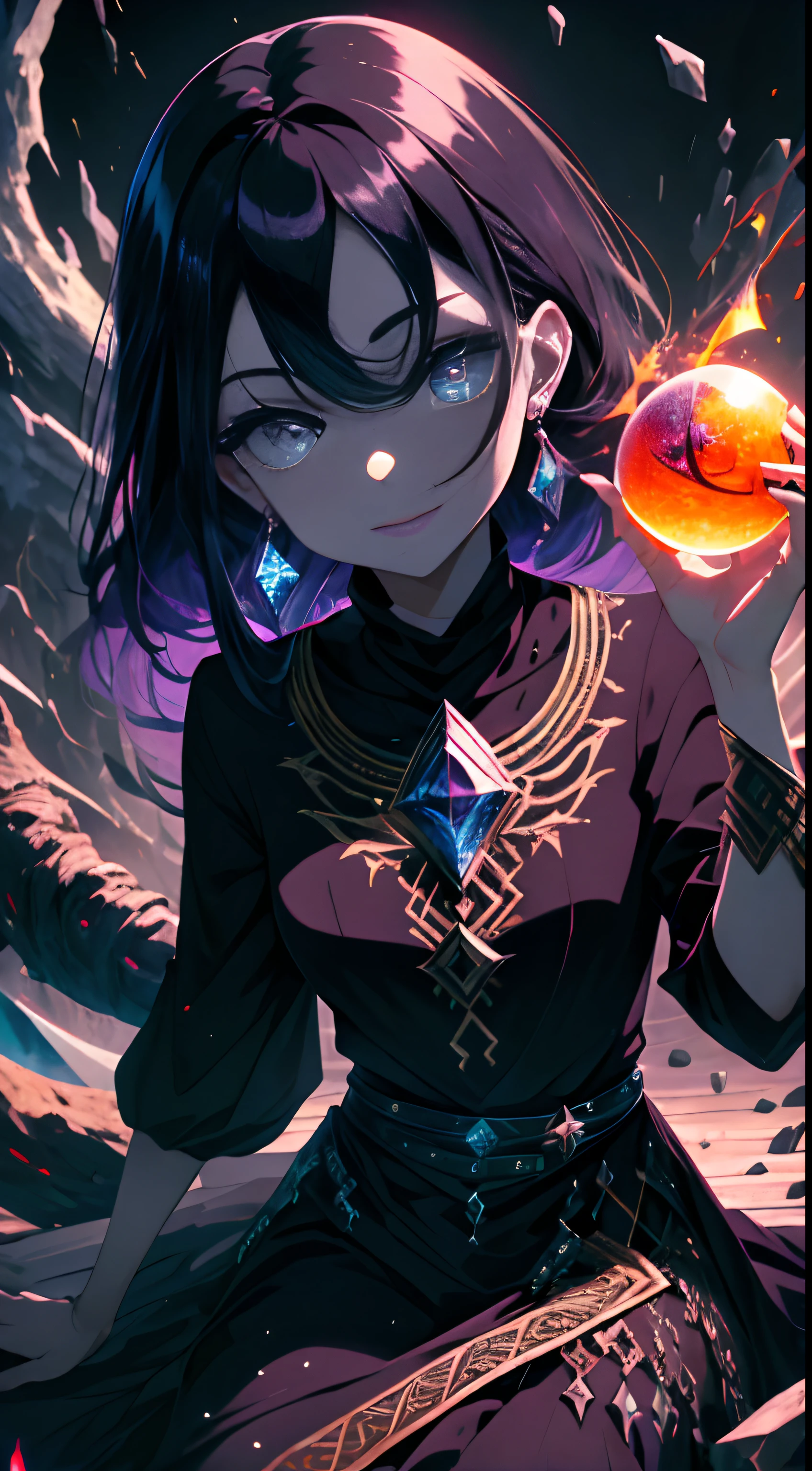 (Absurdo, alto, Ultra Detalhado, HDR), master part, best quality, A girl sitting with a giant-eyed demon, em olhar arrogante, sozinha, young woman, demon eyeball, globo ocular gigante, nojenta, black demon wing, demon horn, bonitona, Olhos vermelhos, olho brilhante, manto preto, earring and accessory, peito nu, cara arrogante, corpo inteiro, magic vortex, spark, redemoinho, AURA PRETO, a black cloudy sky, abismo, Resumo Antecedentes, lateralmente, pesquisar, sorriso maligno
