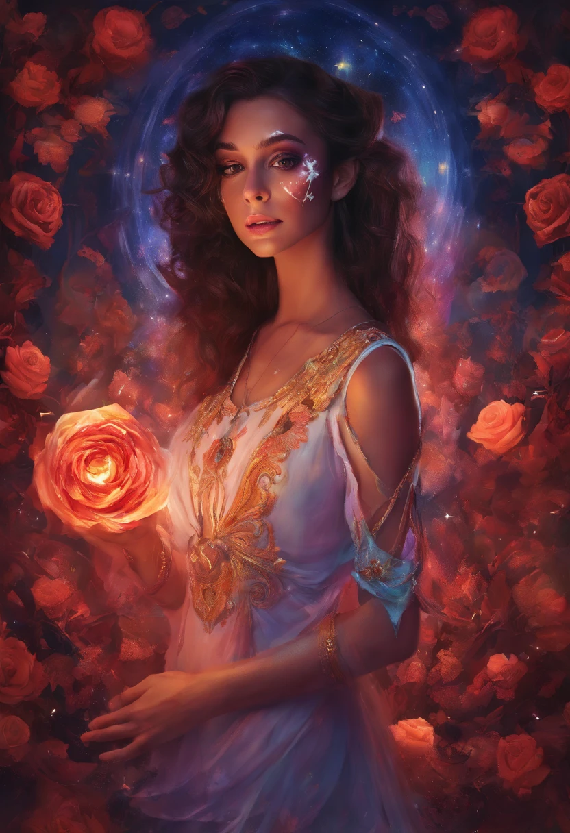 ((Best quality)) , ((Masterpiece)) , (Detailed) ,Magic illustration,Room Wear, (Sporty American beauty surrounded by Candace:1.3), Black apocalyptic hair, Dreamy makeup, Halloween face painting, Fitbit, during night, (Renaissance:1.2), Low shutter, Three colors, 8K resolution