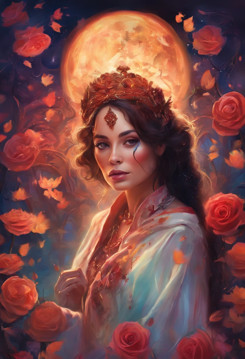 ((Best quality)) , ((Masterpiece)) , (Detailed) ,Magic illustration,Room Wear, (Sporty American beauty surrounded by Candace:1.3), Black apocalyptic hair, Dreamy makeup, Halloween face painting, Fitbit, during night, (Renaissance:1.2), Low shutter, Three colors, 8K resolution