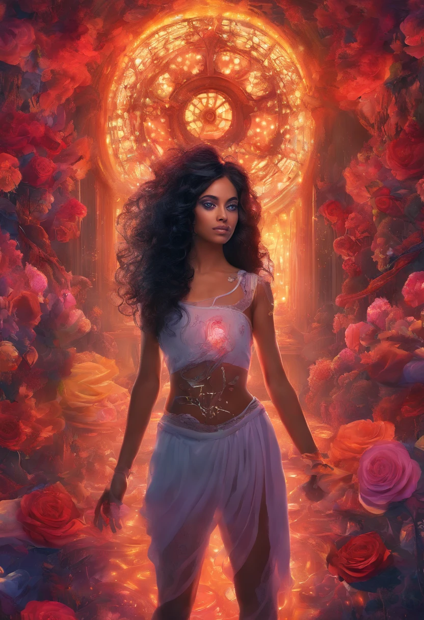 ((Best quality)) , ((Masterpiece)) , (Detailed) ,Magic illustration,Room Wear, (Sporty American beauty surrounded by Candace:1.3), Black apocalyptic hair, Dreamy makeup, Halloween face painting, Fitbit, during night, (Renaissance:1.2), Low shutter, Three colors, 8K resolution